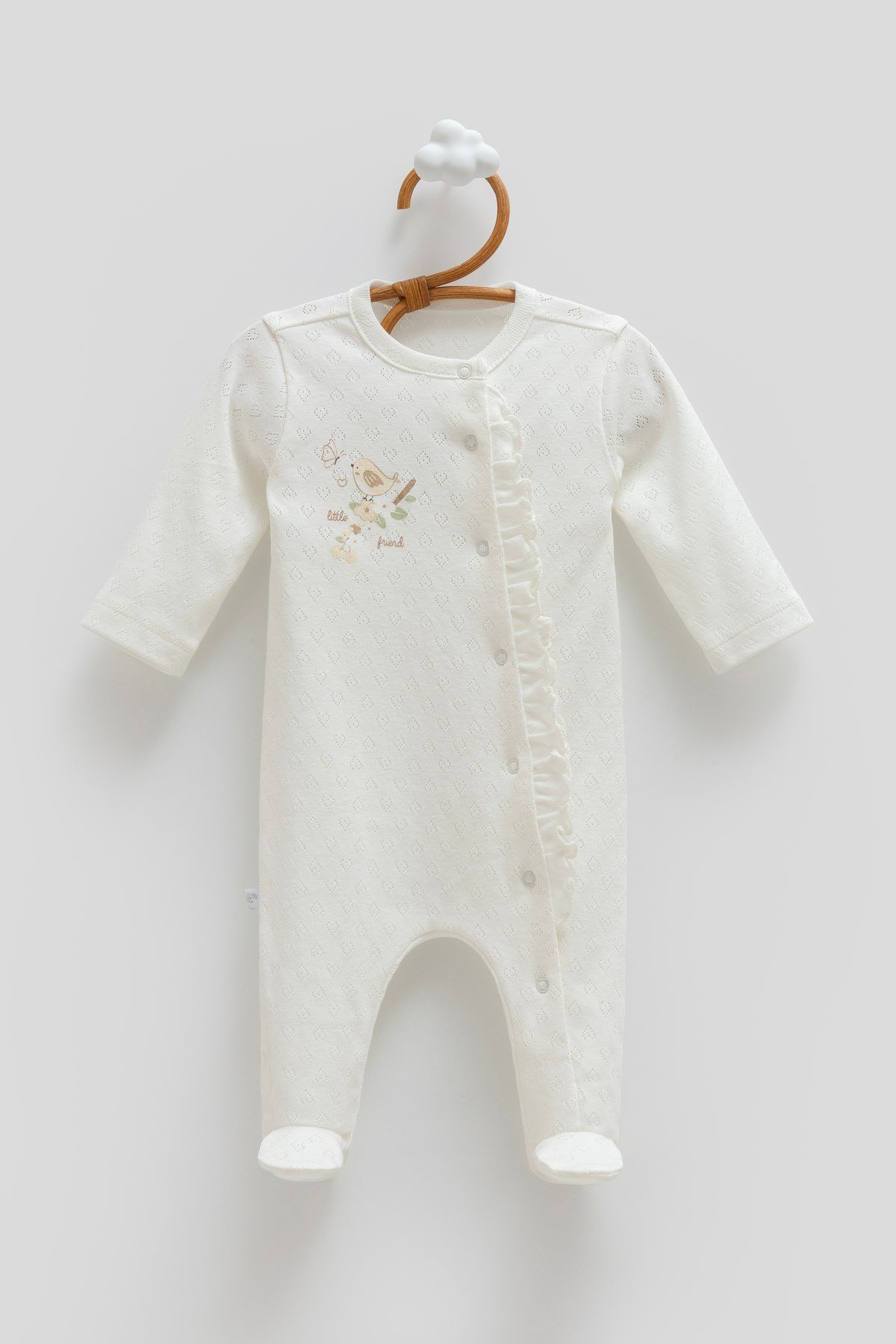 Kız Bebek Tulumu %100 Pamuklu Fırfırlı Kuş Nakışlı - Jakarlı Hava Geçirgen 0-6 AY