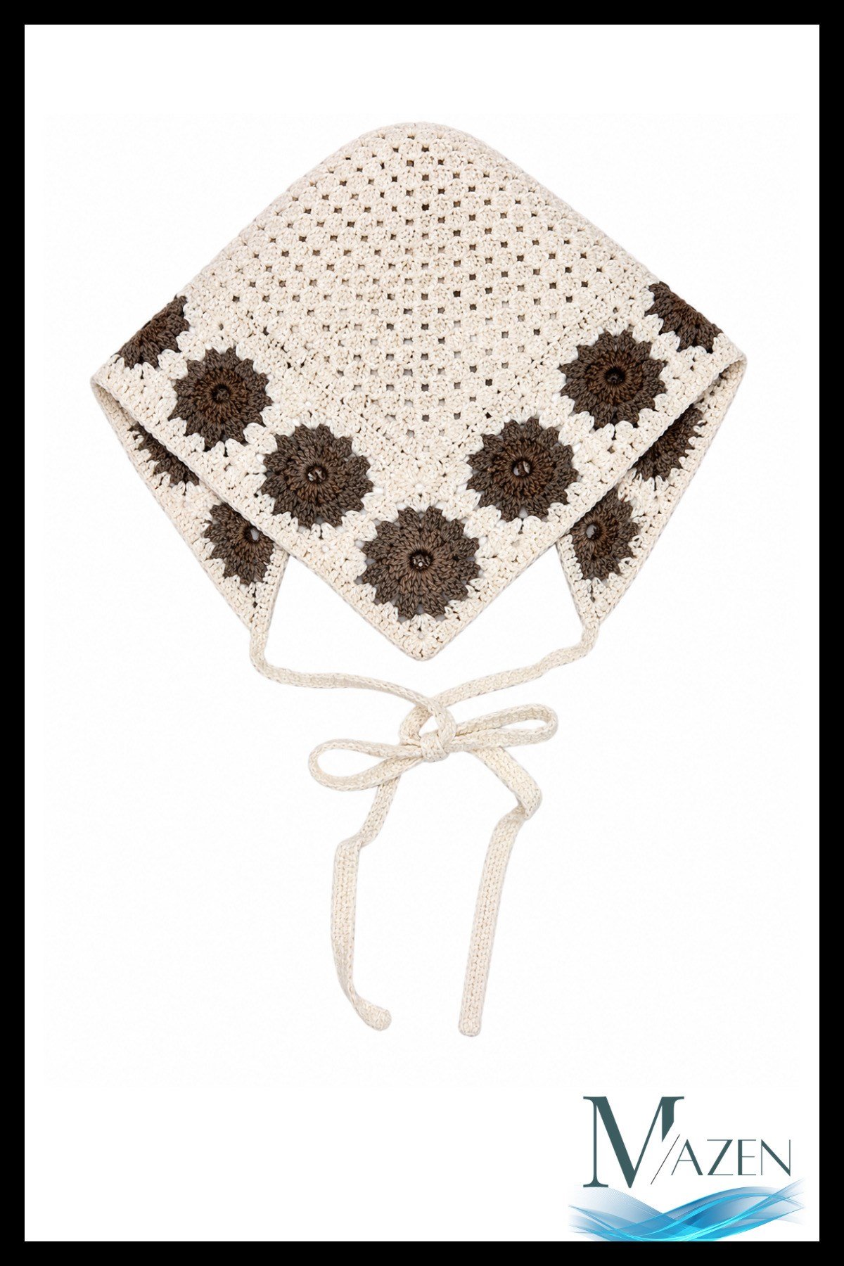 Kahverengi El Örgüsü Papatyalı Bağlamalı Kadın Bandana Bone Bohem Yazlık Saç Aksesuarı