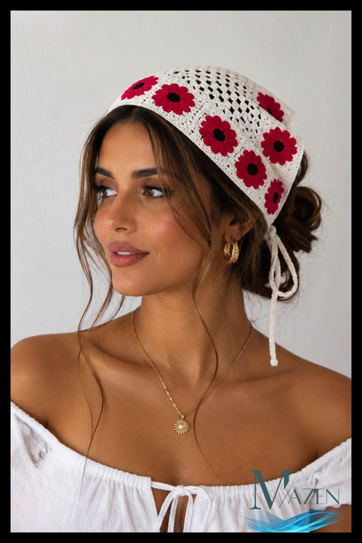 Kırmızı El Örgüsü Papatyalı Bağlamalı Kadın Bandana Bone Bohem Yazlık Saç Aksesuarı