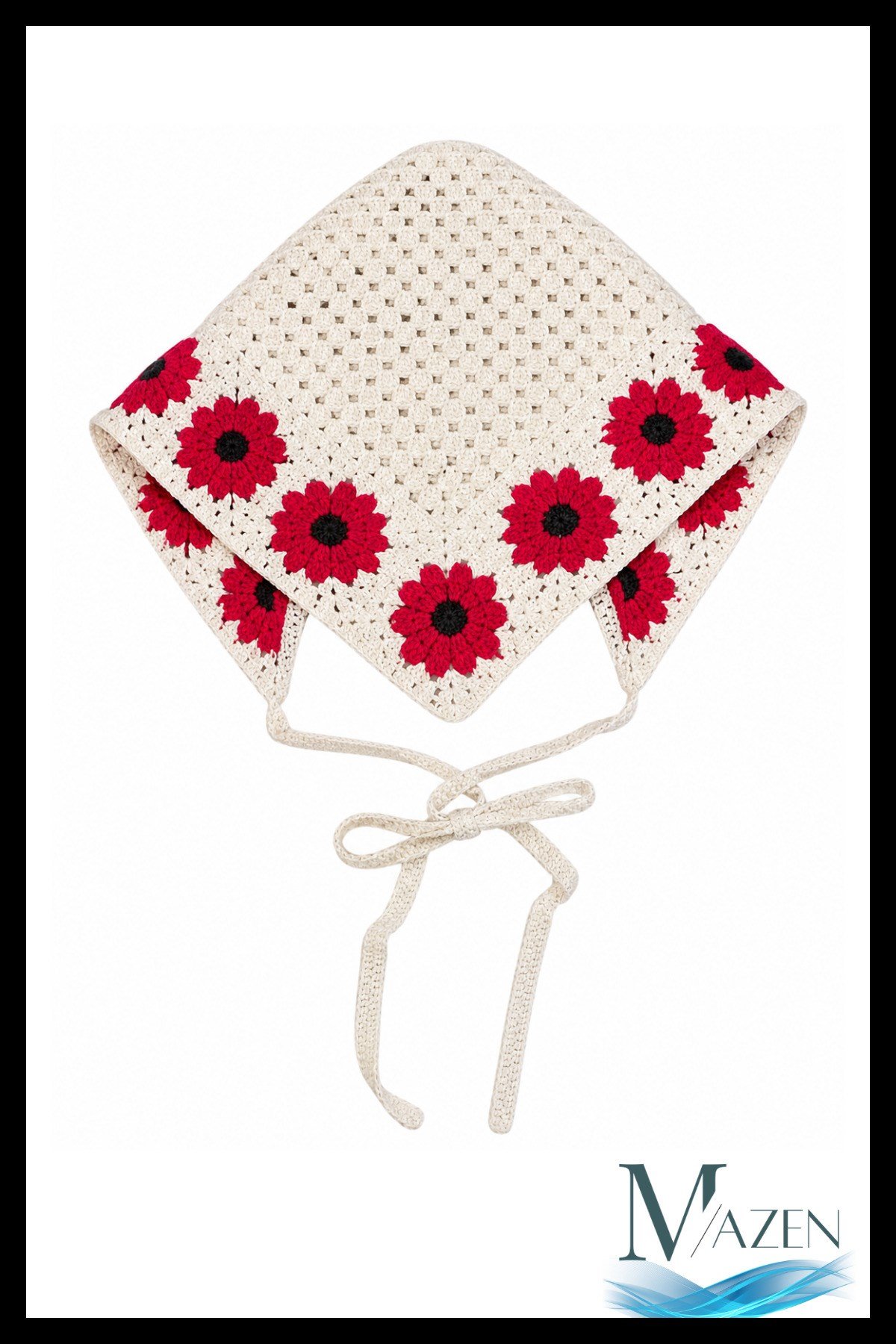 Kırmızı El Örgüsü Papatyalı Bağlamalı Kadın Bandana Bone Bohem Yazlık Saç Aksesuarı