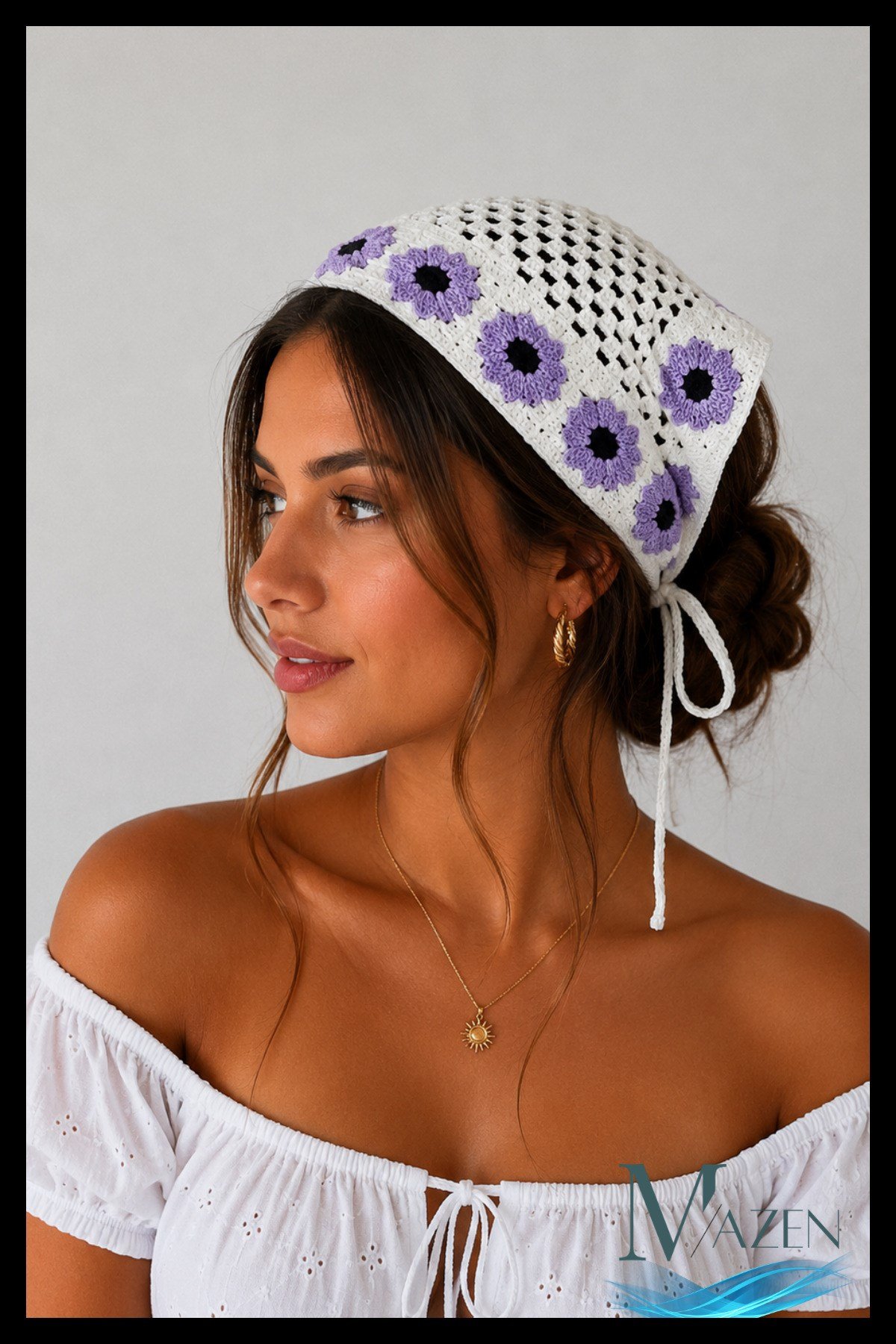 Lila El Örgüsü Papatyalı Bağlamalı Kadın Bandana Bone Bohem Yazlık Saç Aksesuarı