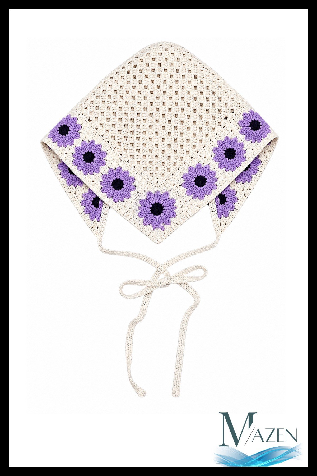 Lila El Örgüsü Papatyalı Bağlamalı Kadın Bandana Bone Bohem Yazlık Saç Aksesuarı
