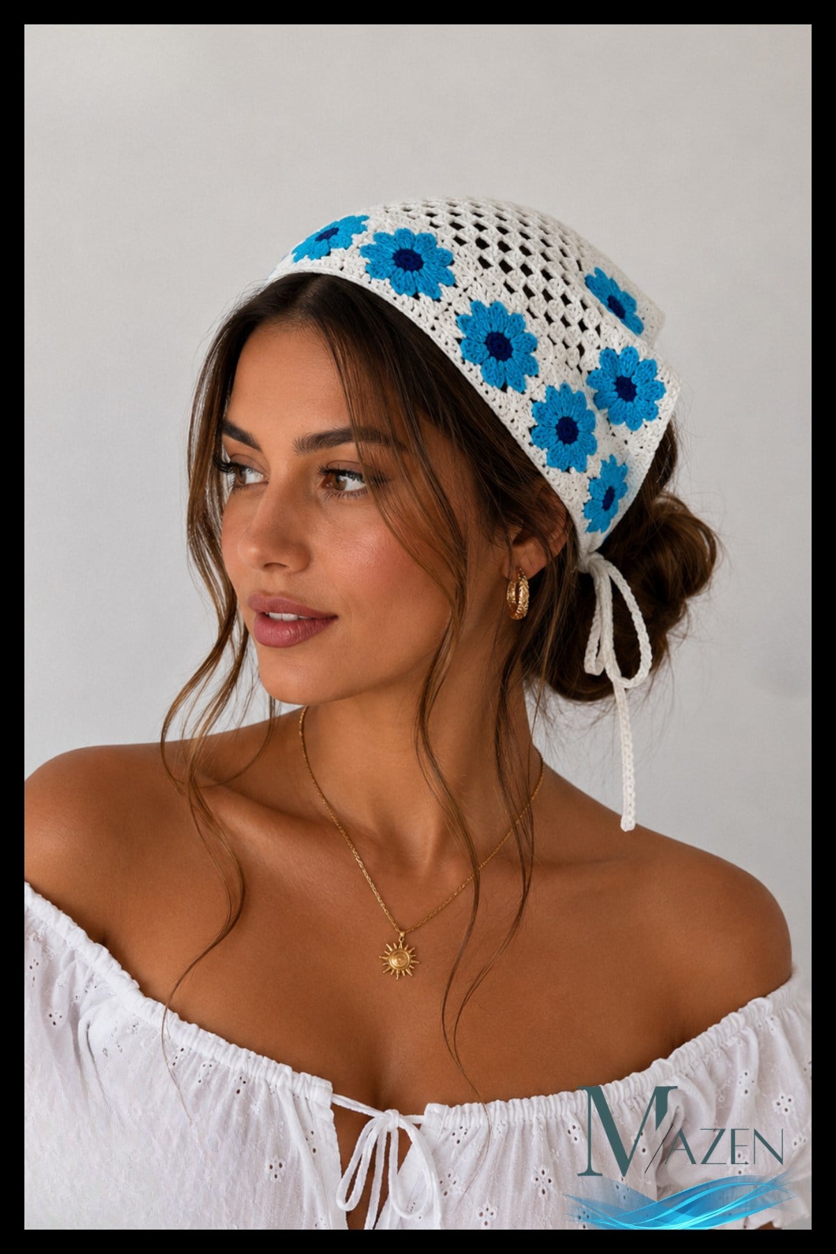 Mavi El Örgüsü Papatyalı Bağlamalı Kadın Bandana Bone Bohem Yazlık Saç Aksesuarı