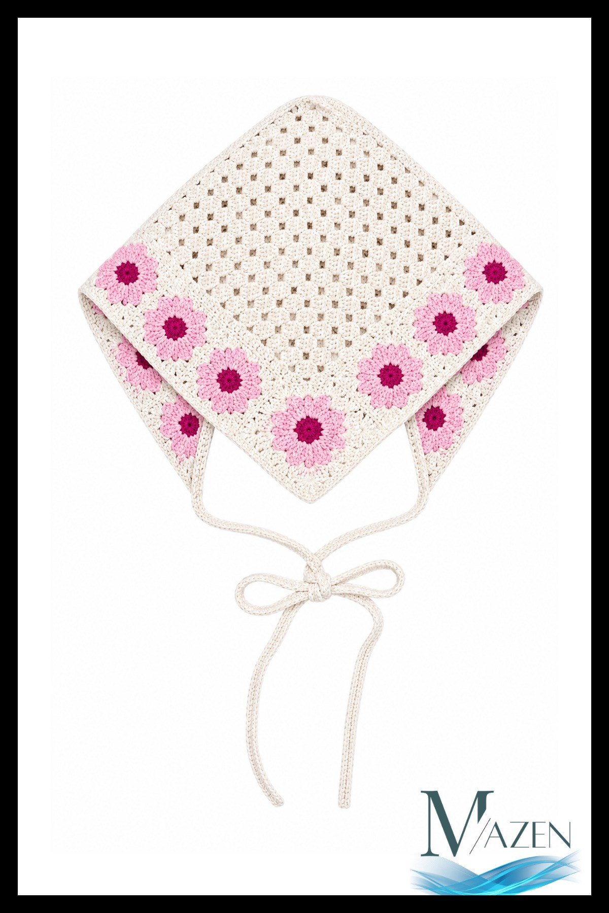 Pembe El Örgüsü Papatyalı Bağlamalı Kadın Bandana Bone Bohem Yazlık Saç Aksesuarı