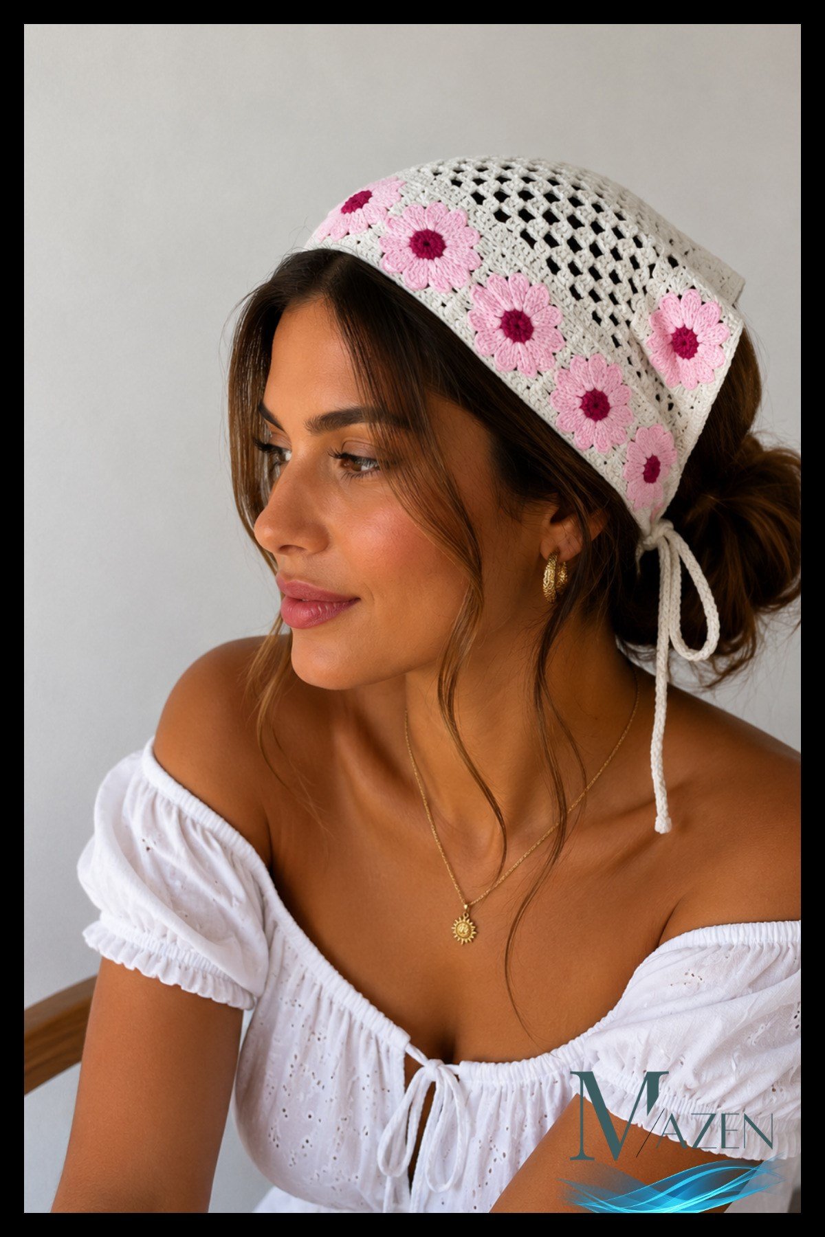 Pembe El Örgüsü Papatyalı Bağlamalı Kadın Bandana Bone Bohem Yazlık Saç Aksesuarı