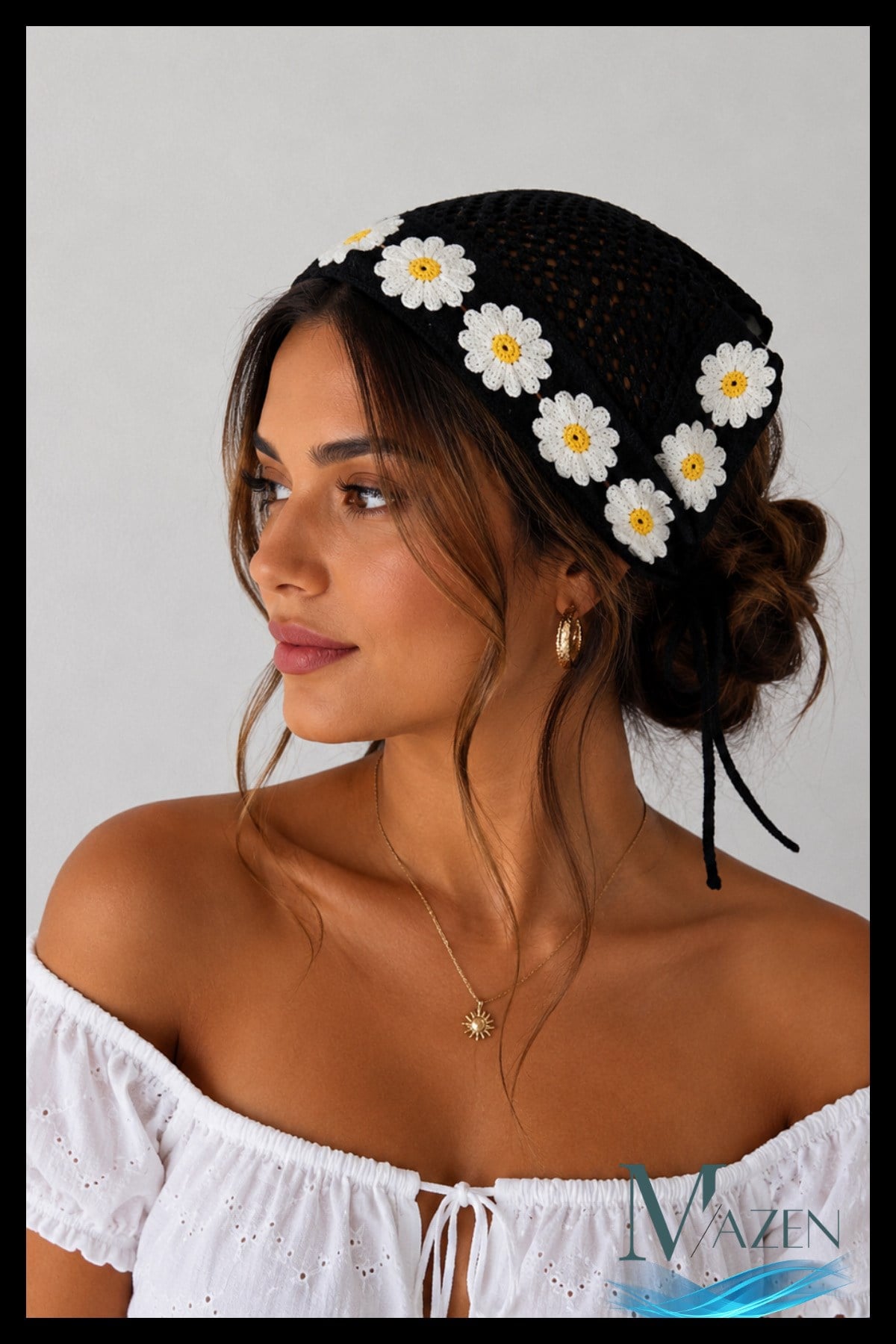 Siyah El Örgüsü Papatyalı Bağlamalı Kadın Bandana Bone Bohem Yazlık Saç Aksesuarı