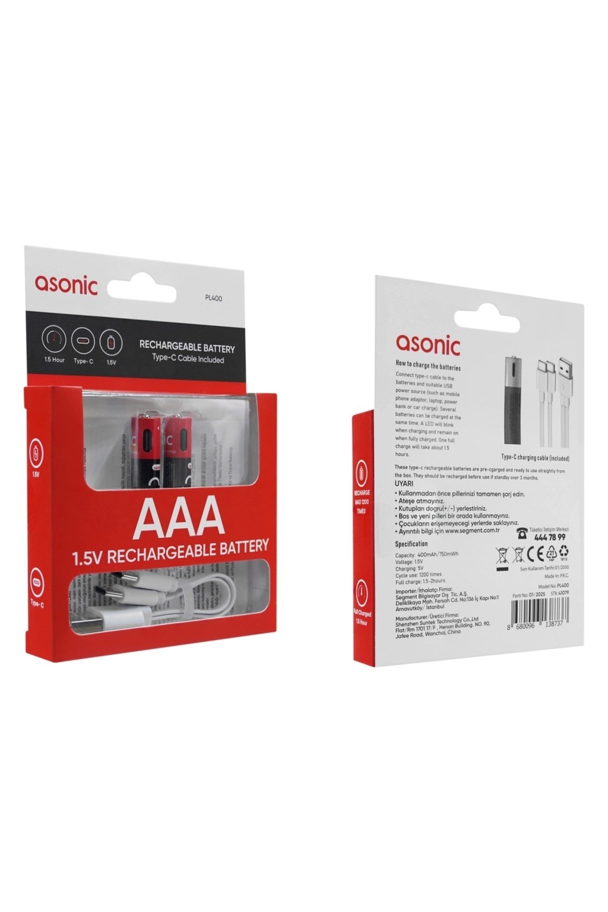 Asonıc Pl400, Aaa, Şarjlı Pil, 1.5volt, 400mah/750mwh, Type-c İle Kolay Şarj, 2 Li Paket (usb To Ty