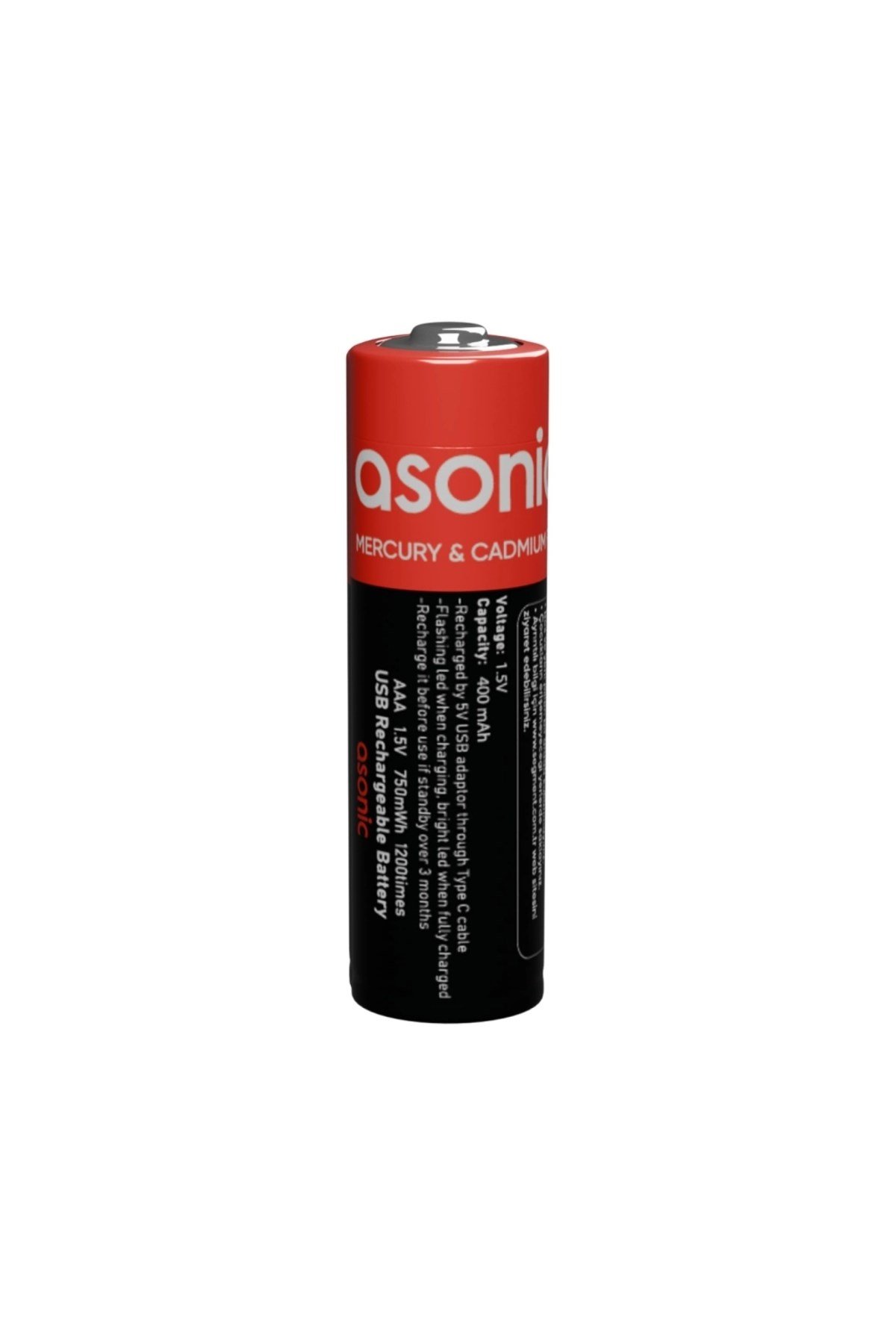 Asonıc Pl400, Aaa, Şarjlı Pil, 1.5volt, 400mah/750mwh, Type-c İle Kolay Şarj, 2 Li Paket (usb To Ty