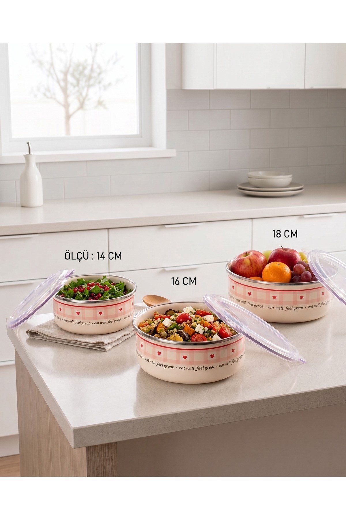 3'lü Sızdırmaz Vakum Kapaklı Emaye Saklama Kabı Seti - 14-16-18 cm