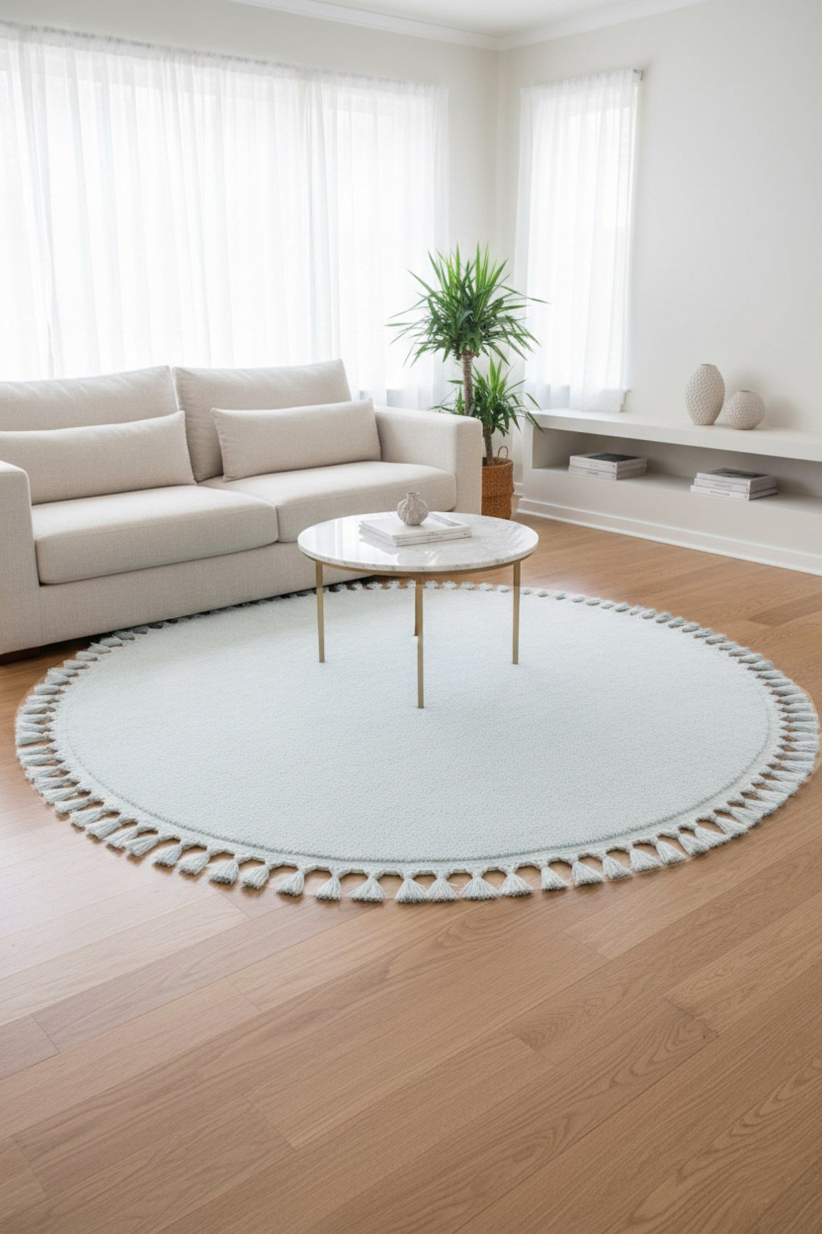 Comfort Yuvarlak Ponpon Saçaklı Peluş Halı(Yatak Odası- Çocuk Odası- Antre- Yemek Odası)Kaymaz Taban
