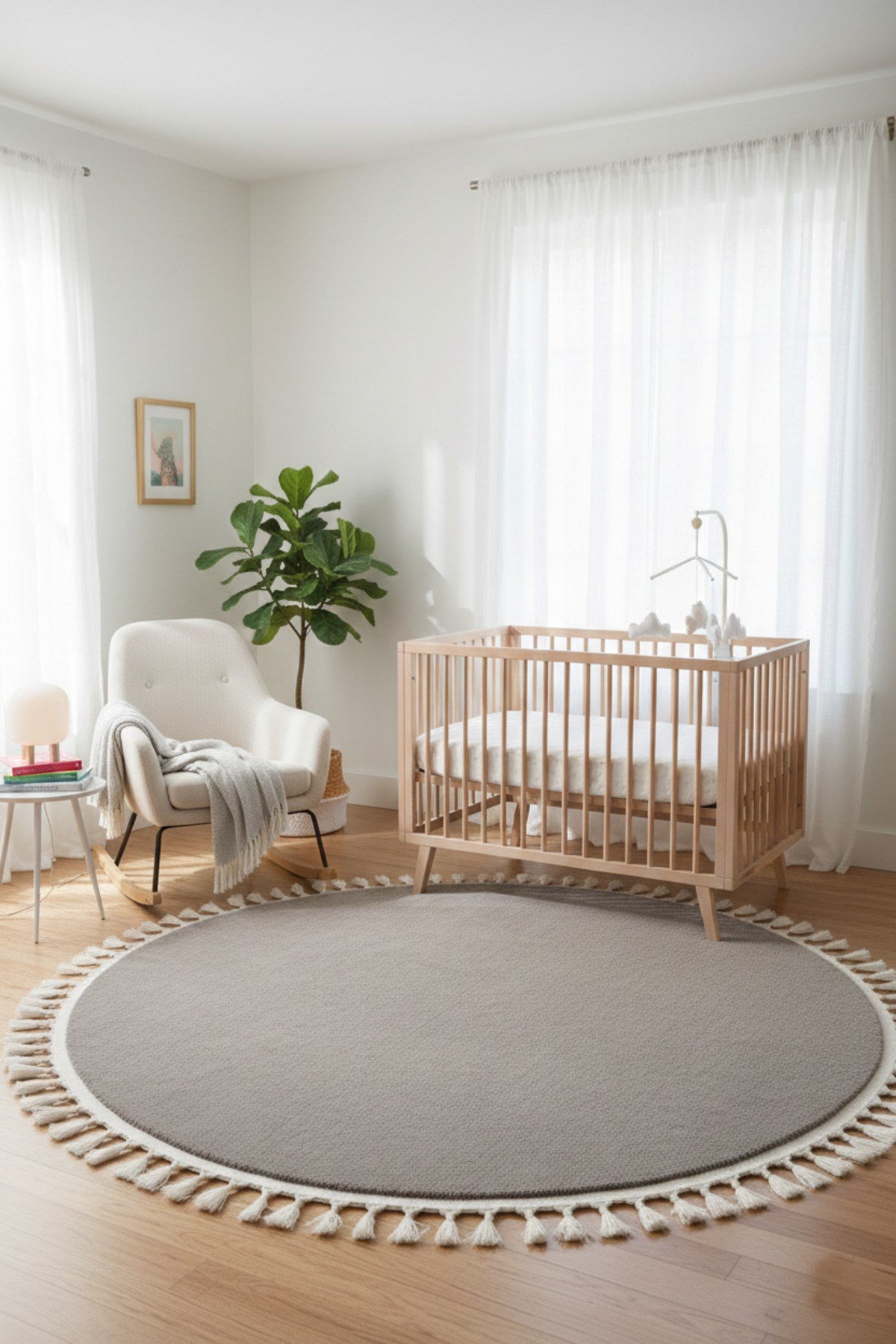 Comfort Yuvarlak Ponpon Saçaklı Peluş Halı(Yatak Odası- Çocuk Odası- Antre- Yemek Odası)Kaymaz Taban