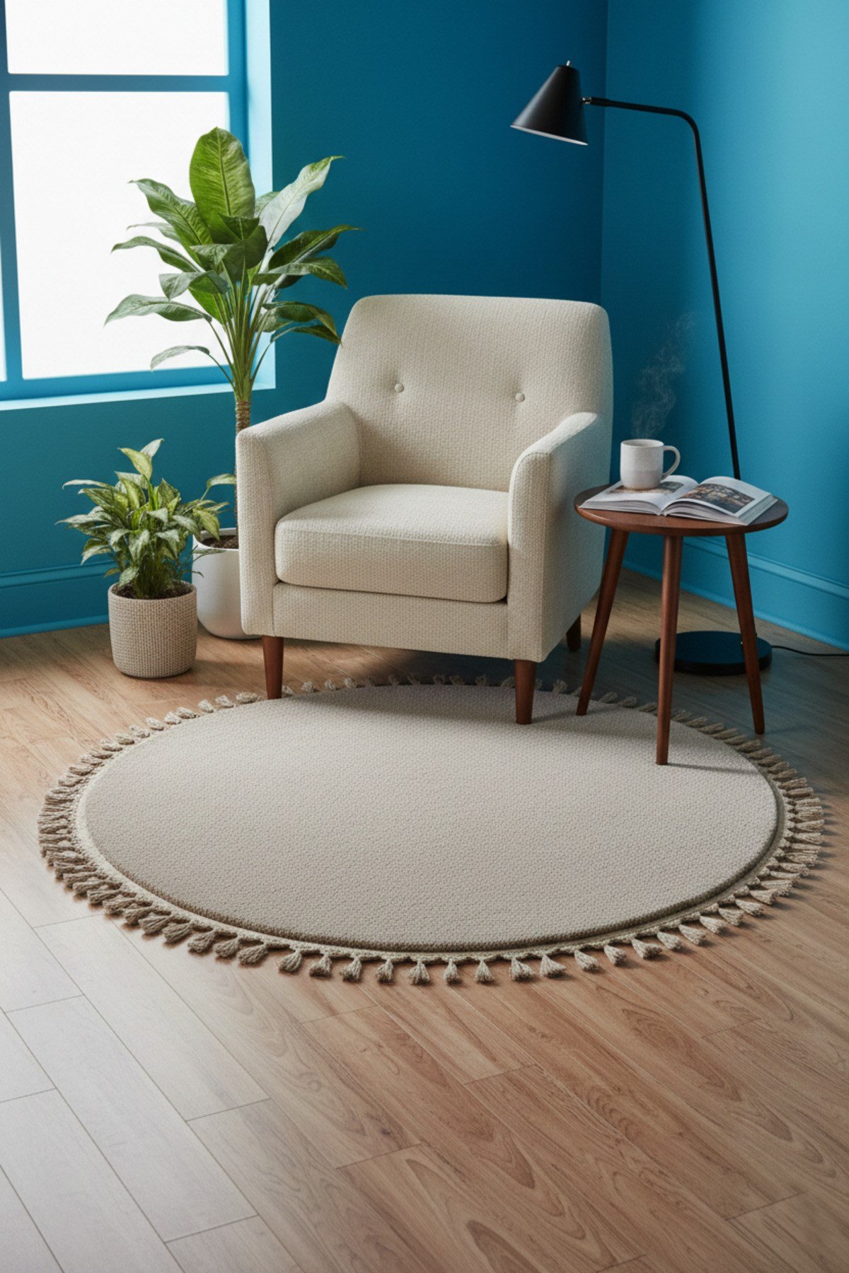 Comfort Yuvarlak Ponpon Saçaklı Peluş Halı(Yatak Odası- Çocuk Odası- Antre- Yemek Odası)Kaymaz Taban