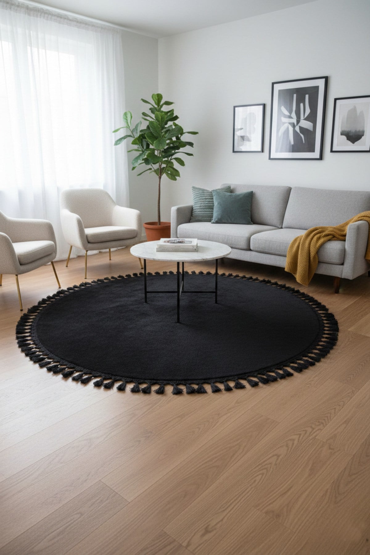 Comfort Yuvarlak Ponpon Saçaklı Peluş Halı(Yatak Odası- Çocuk Odası- Antre- Yemek Odası)Kaymaz Taban