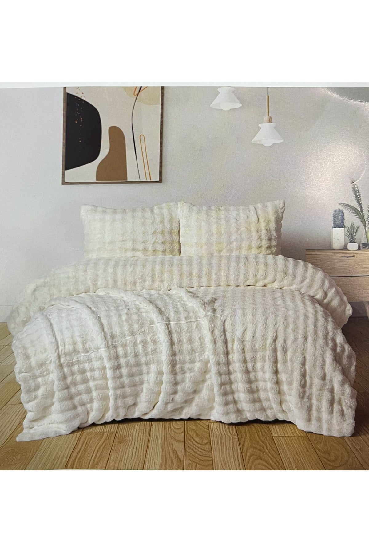 Diamond 3 Parça Bubble Kürk Comforter Set, Çift Kişilik Yorgan Seti (220x240)-KREM