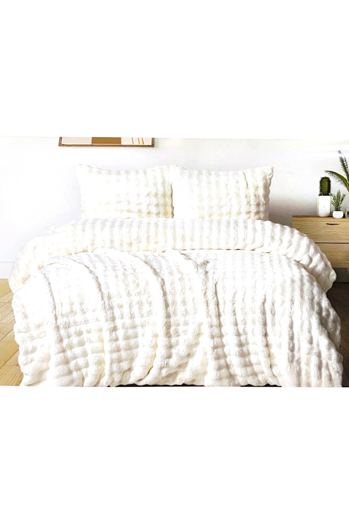 Diamond 3 Parça Bubble Kürk Comforter Set, Çift Kişilik Yorgan Seti (220x240)-KREM
