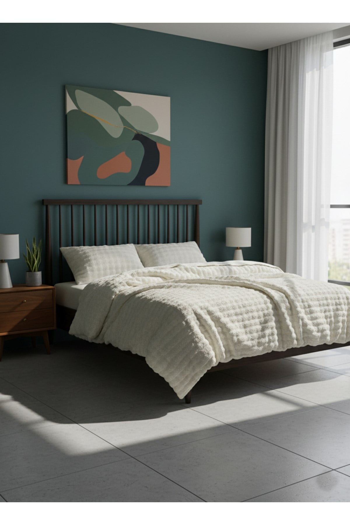Diamond 3 Parça Bubble Kürk Comforter Set, Çift Kişilik Yorgan Seti (220x240)-KREM
