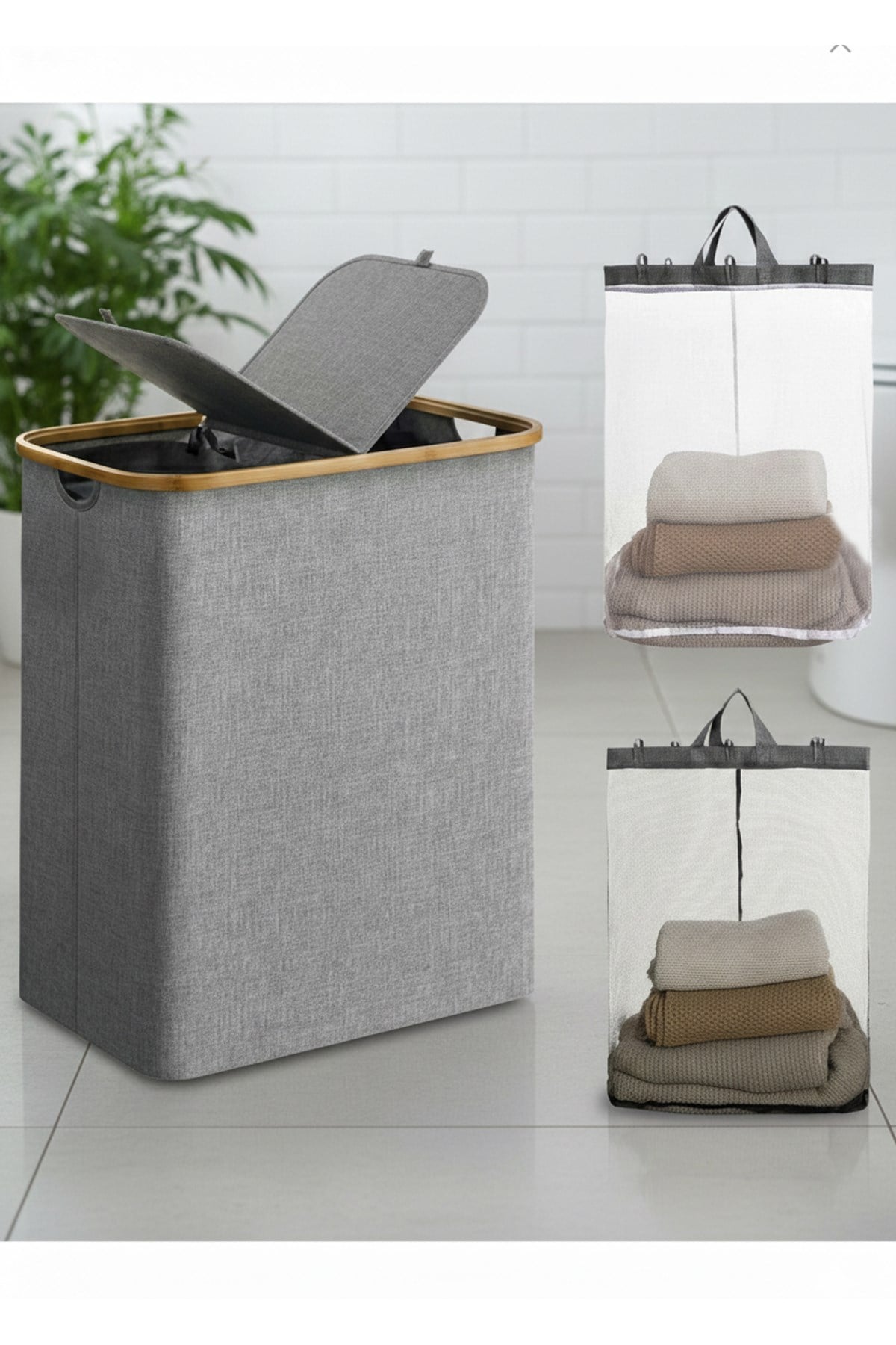 Kumaş Katlanabilir Bölmeli Bambu Detaylı 100 Lt Çamaşır Sepeti 54x33x58