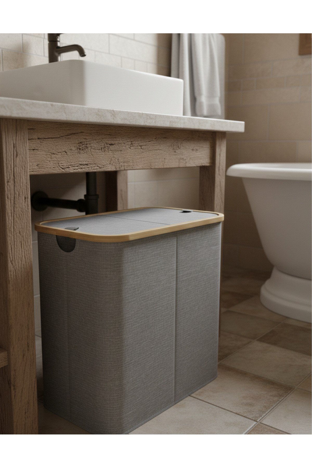 Kumaş Katlanabilir Bölmeli Bambu Detaylı 100 Lt Çamaşır Sepeti 54x33x58