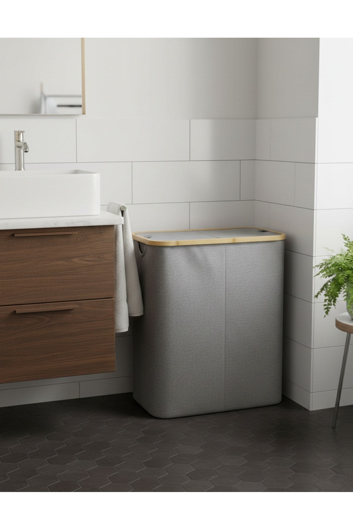 Kumaş Katlanabilir Bölmeli Bambu Detaylı 100 Lt Çamaşır Sepeti 54x33x58