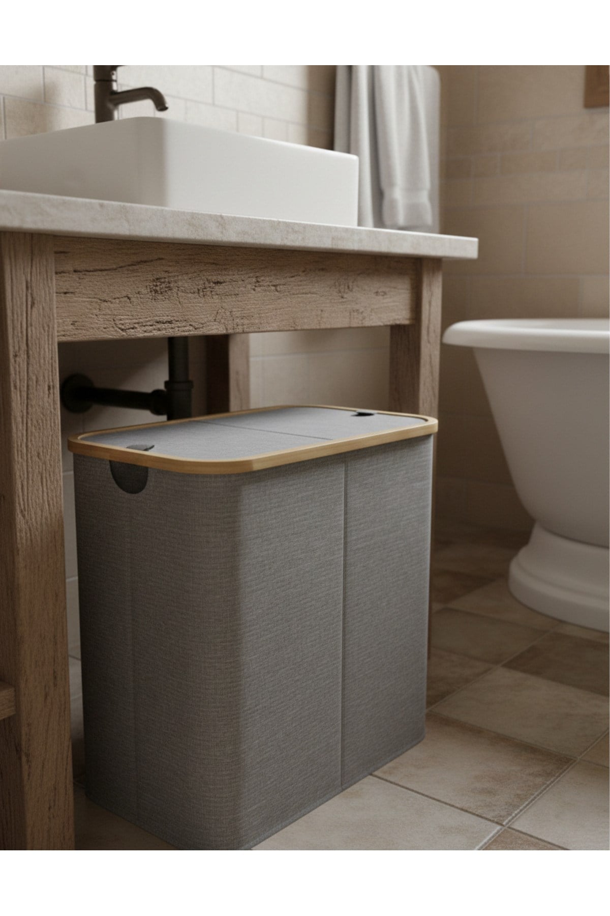 Kumaş Katlanabilir Bölmeli Bambu Detaylı 100 Lt Çamaşır Sepeti 54x33x58