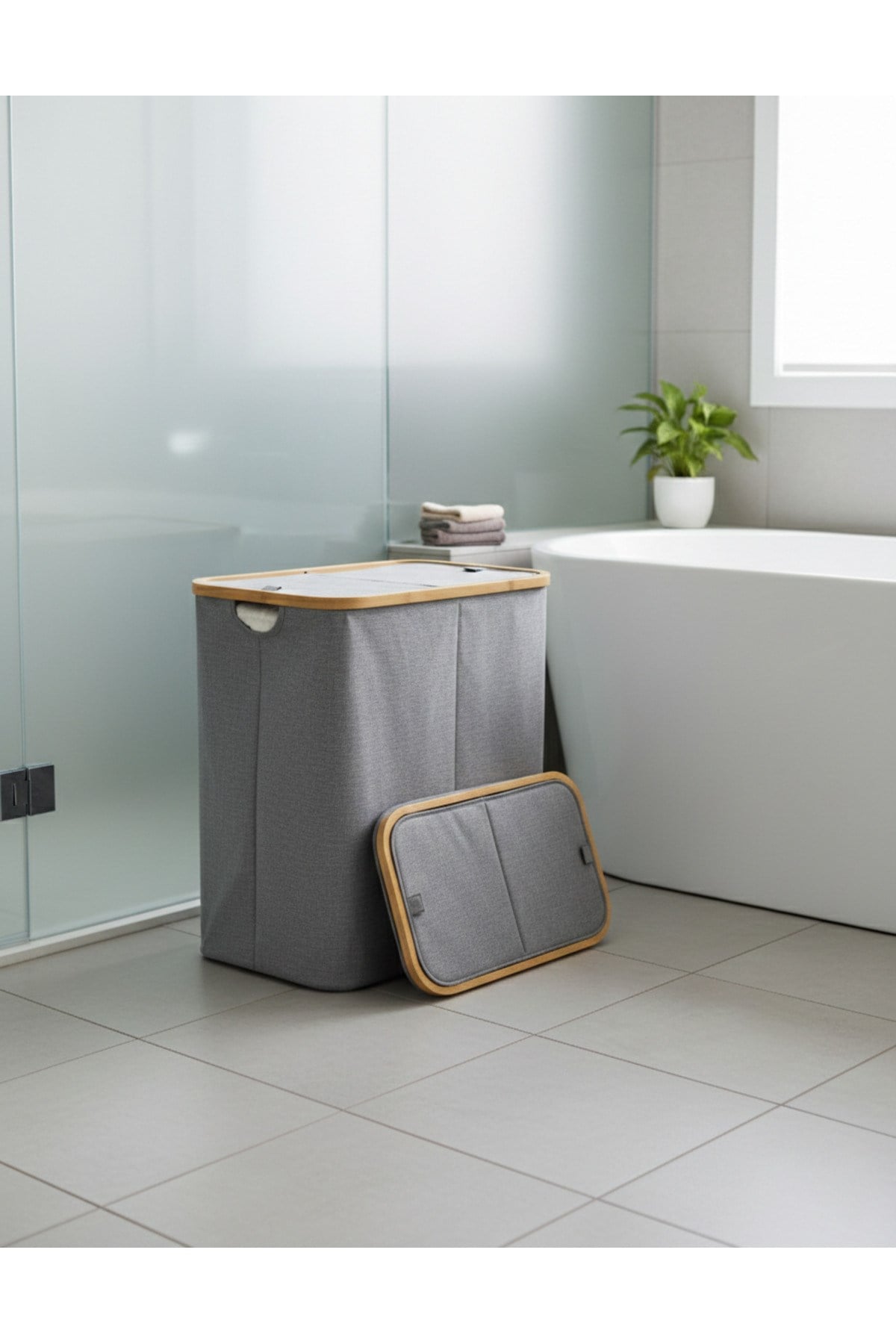 Kumaş Katlanabilir Bölmeli Bambu Detaylı 100 Lt Çamaşır Sepeti 54x33x58