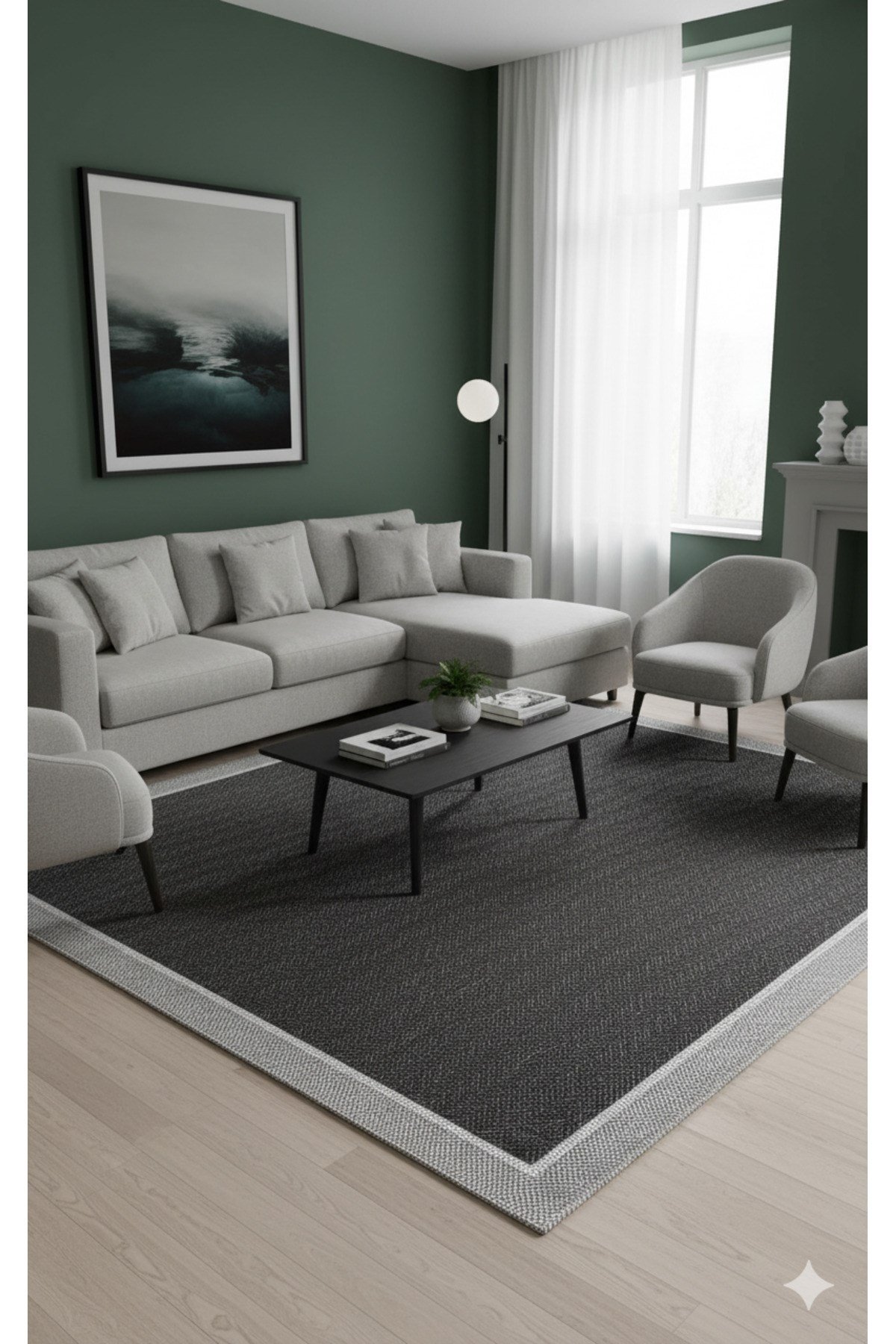 SİSALYA Modern Sisal Jüt Dokuma Kilim Hasır Yıkanabilir Halı Gri Antrasit