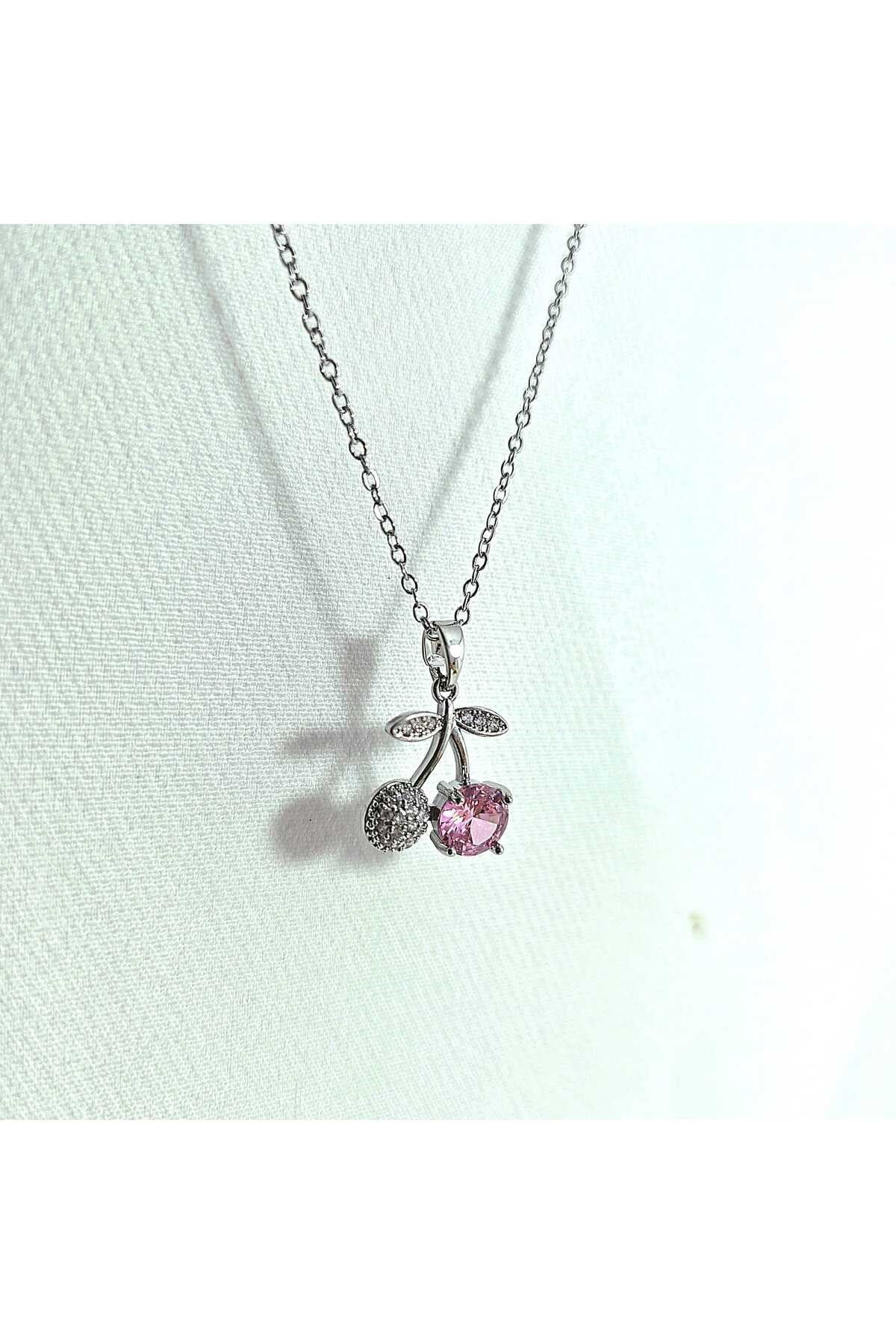 KİRAZ,KRİSTAL KESİM.PRLANTA GÖRÜNÜM ÇELİK KOLYE