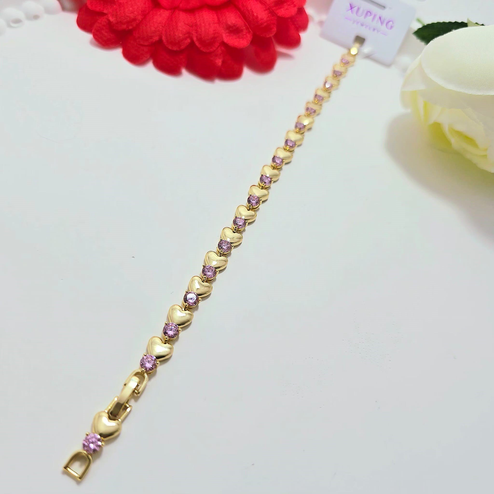 VİP TASARIM ,14 K ALTIN KAPLAMA XUPİNG PEMBE ZİRKON TAŞLI KALPLİ BİLEKLİK
