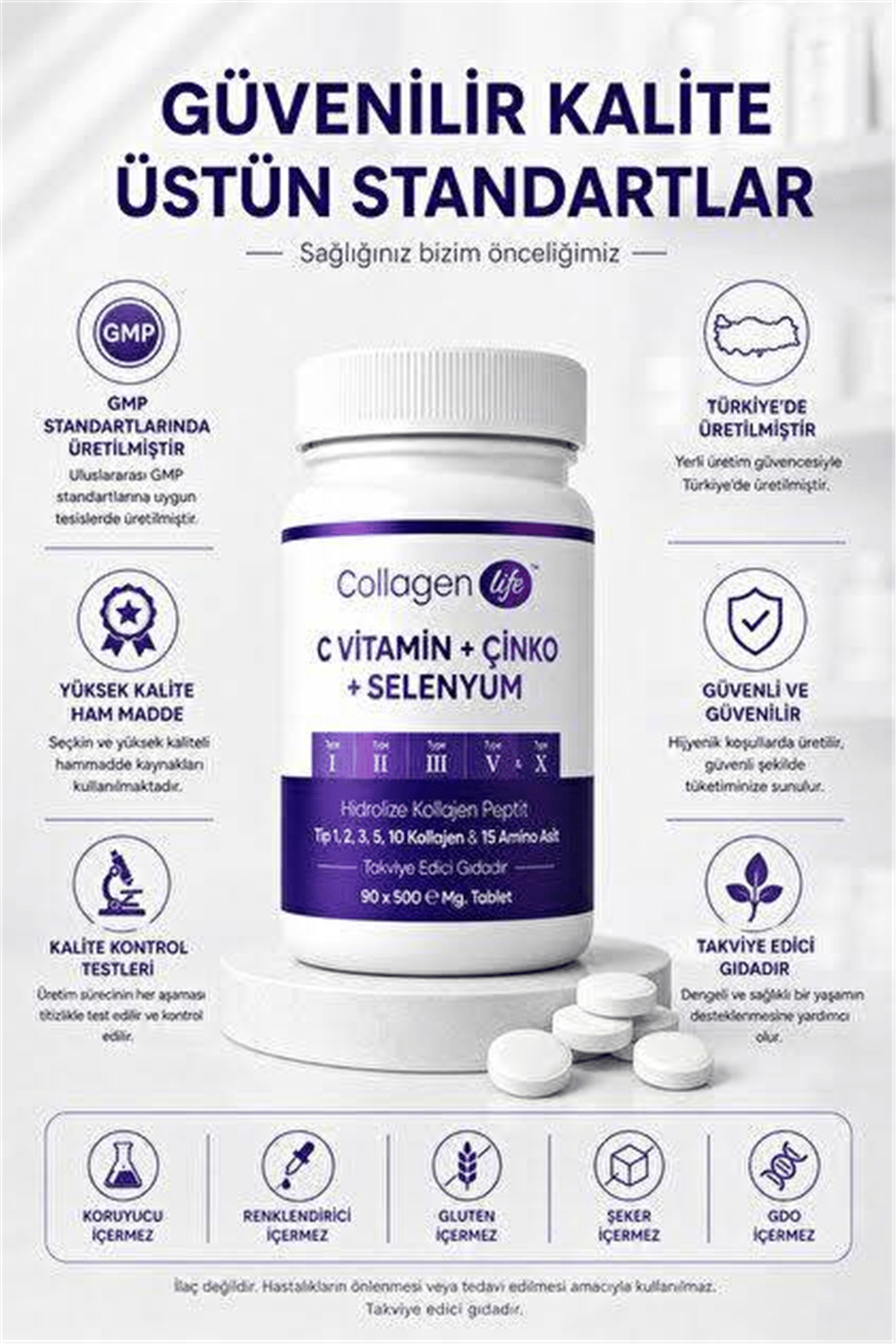 Hidrolize Kollajen , C Vitamini, Çinko, Selenyum İçeren Takviye Edici Gıda