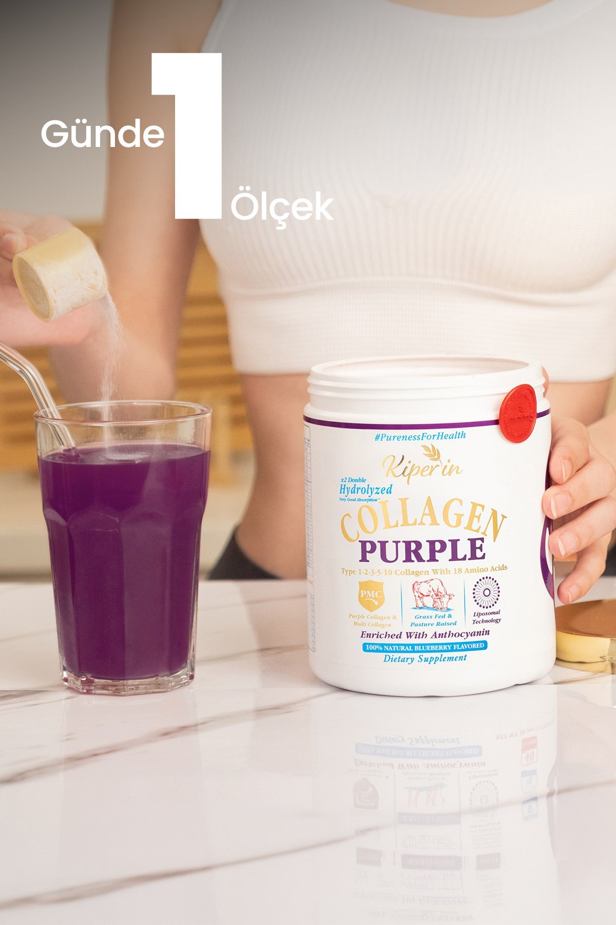 %100 Saf ve Doğal Mor & Çoklu Kolajen Peptitleri içeren Lipozomal Teknoloji Diyet Takviyesi (576gr)