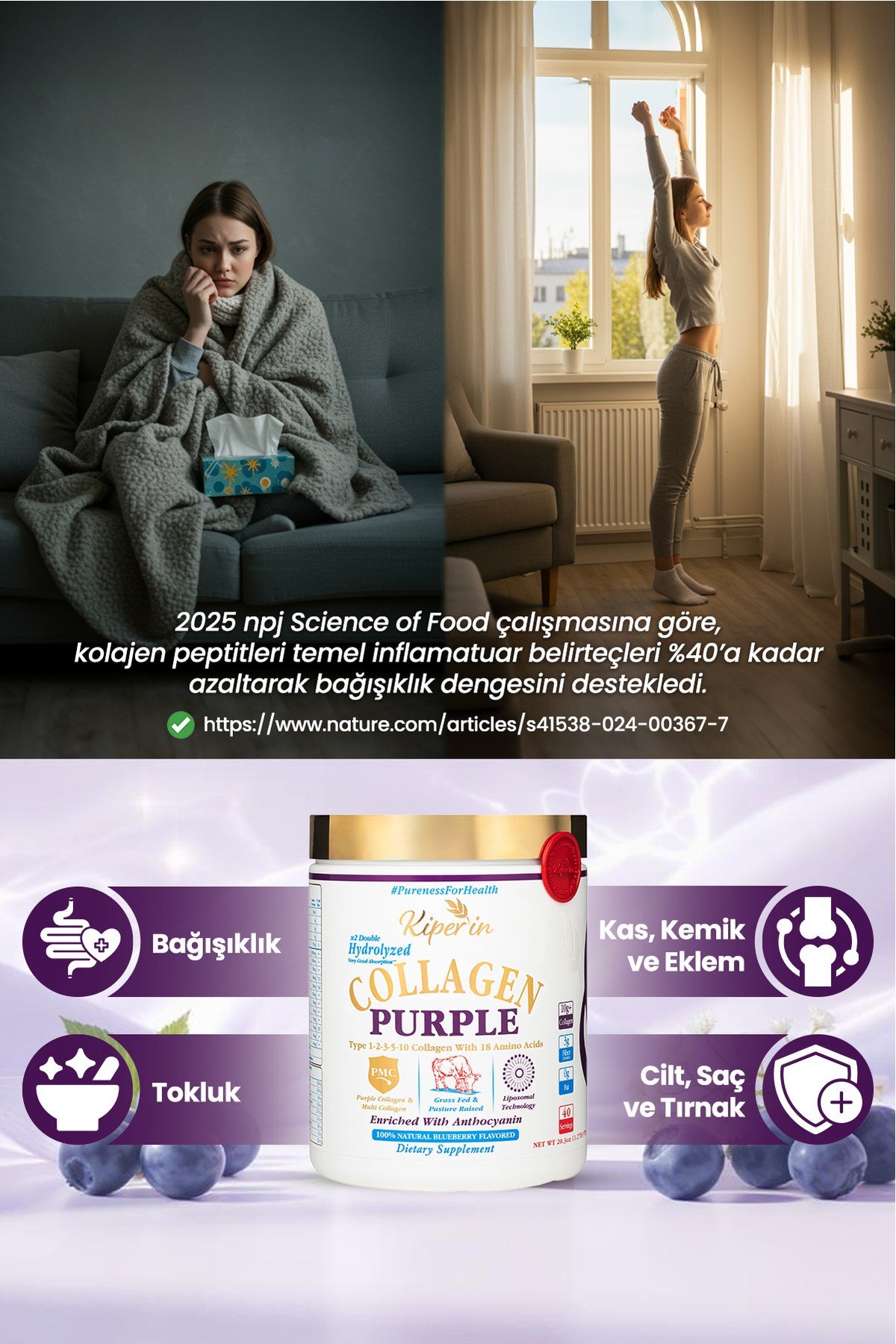 %100 Saf ve Doğal Mor & Çoklu Kolajen Peptitleri içeren Lipozomal Teknoloji Diyet Takviyesi (576gr)