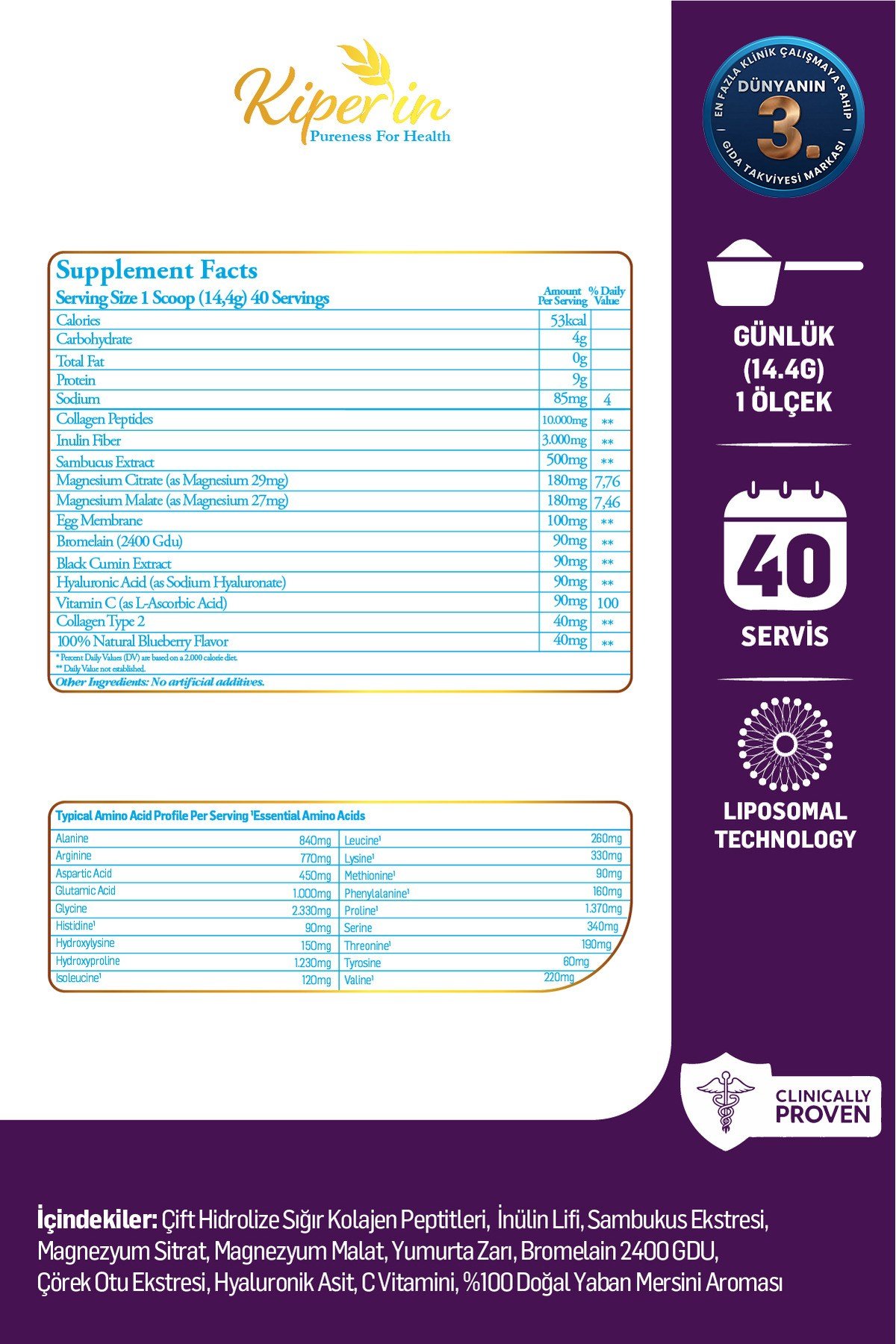 %100 Saf ve Doğal Mor & Çoklu Kolajen Peptitleri içeren Lipozomal Teknoloji Diyet Takviyesi (576gr)