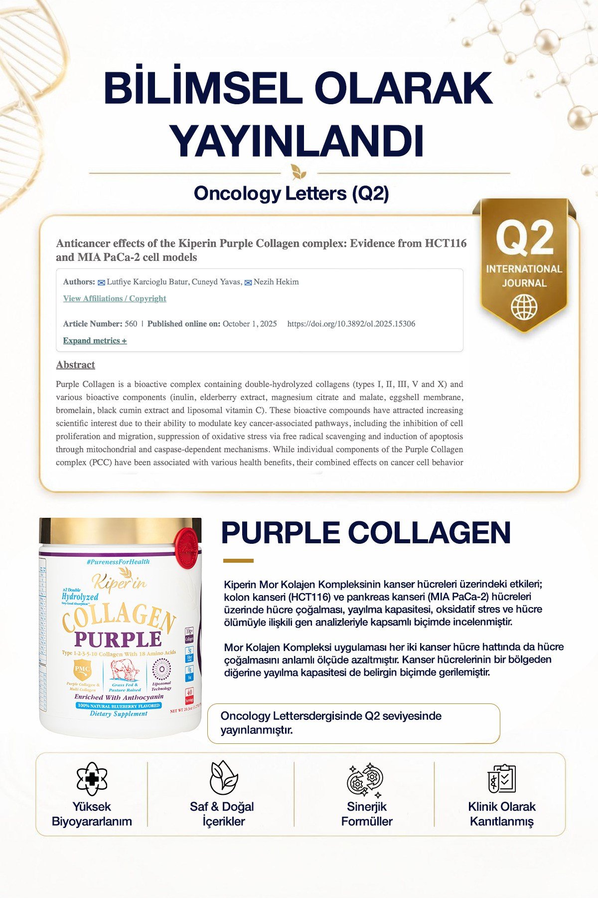 %100 Saf ve Doğal Mor & Çoklu Kolajen Peptitleri içeren Lipozomal Teknoloji Diyet Takviyesi (576gr)