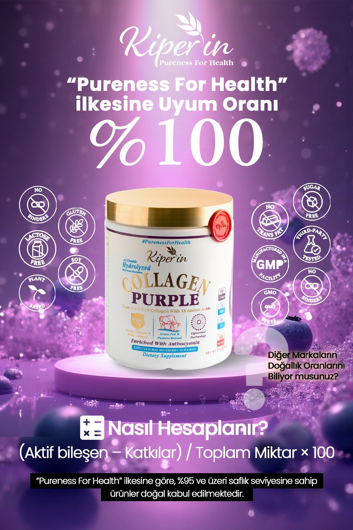 %100 Saf ve Doğal Mor & Çoklu Kolajen Peptitleri içeren Lipozomal Teknoloji Diyet Takviyesi (576gr)