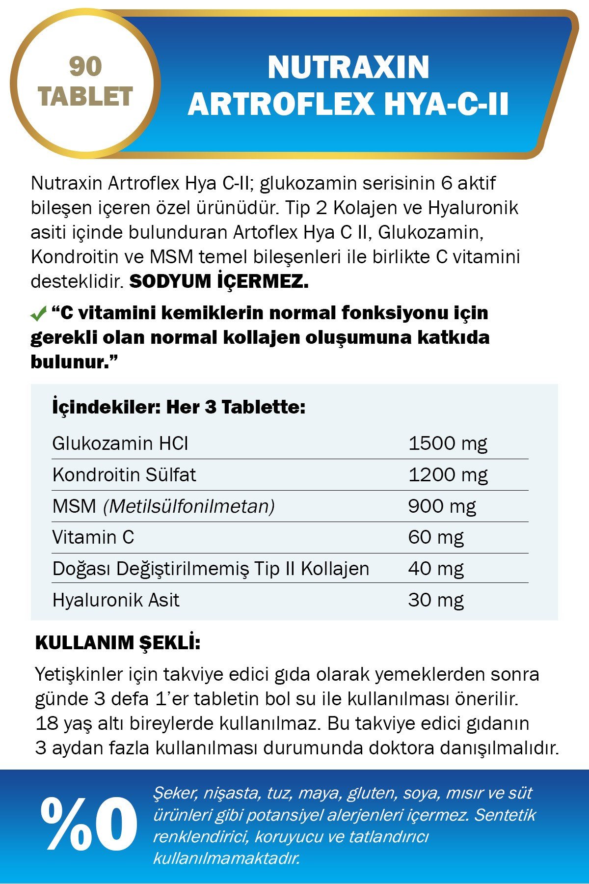 Artroflex HYA-C-II 90 Tablet–Tip II Kolajen, Glukozamin, MSM, Hyaluronik Asit