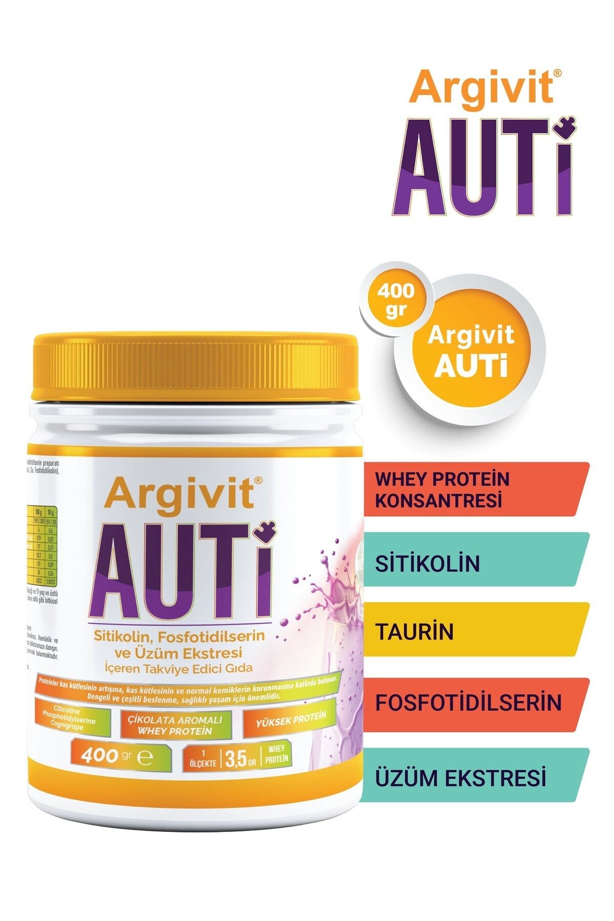 Auti Taurin, Sitikolin, Fosfotidilserin ve Üzüm Ekstresi İçeren Gıda Takviyesi 400 gr