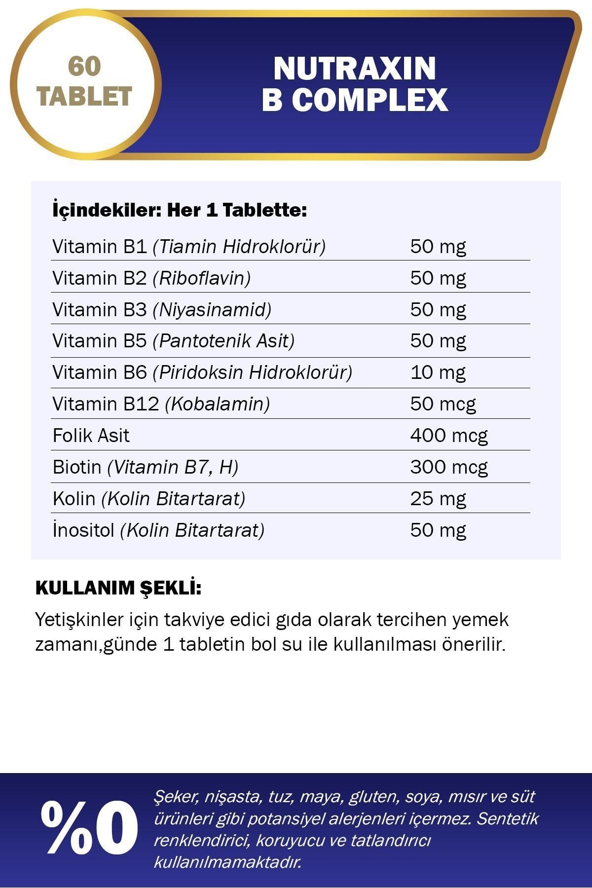B Vitamin Complex 60 Adet Tablet (B1-B2-B3-B5-B6-Biotin-B12)