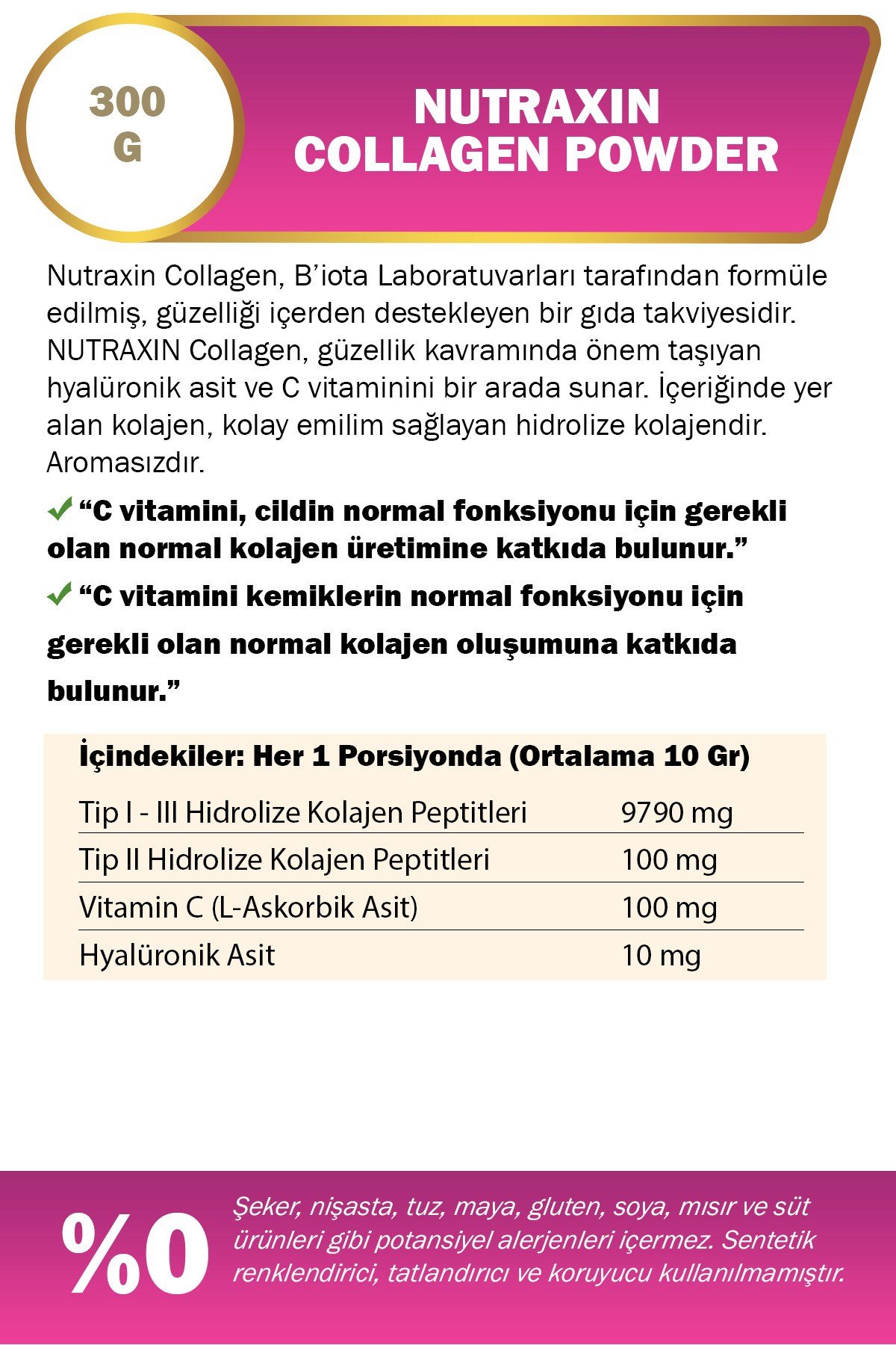Beauty Collagen Gold Quality Powder 300 gr - Tip 1,2,3 Kolajen, Vitamin C, Hyalüronik Asit