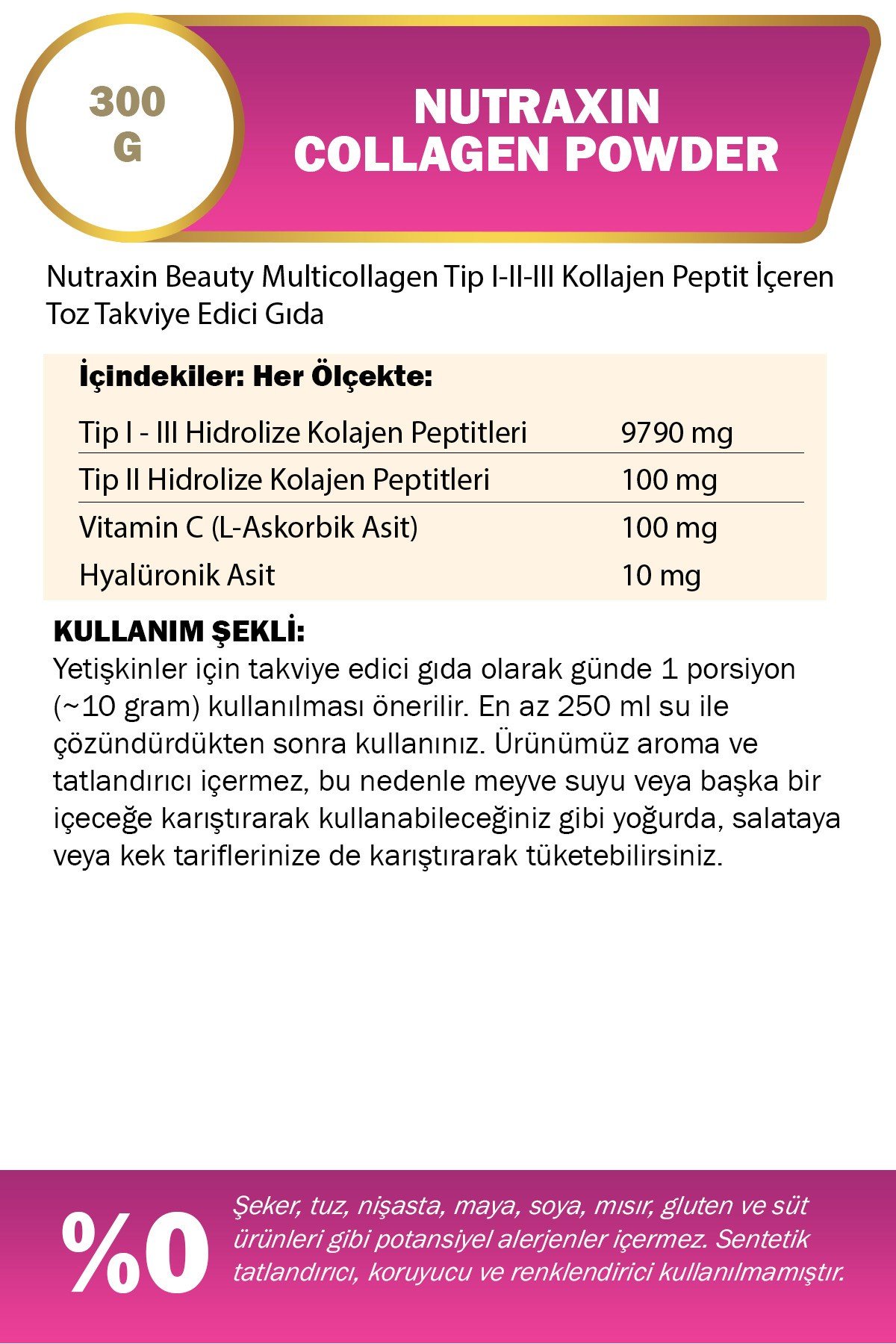 Beauty Collagen Gold Quality Powder 300 gr - Tip 1,2,3 Kolajen, Vitamin C, Hyalüronik Asit