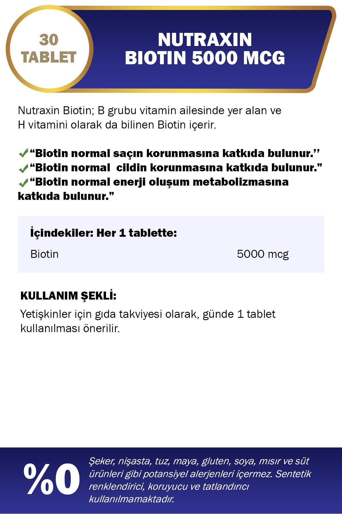 Biotin 5000 mcg 30 Tablet | Yüksek Potens B7 Vitamini