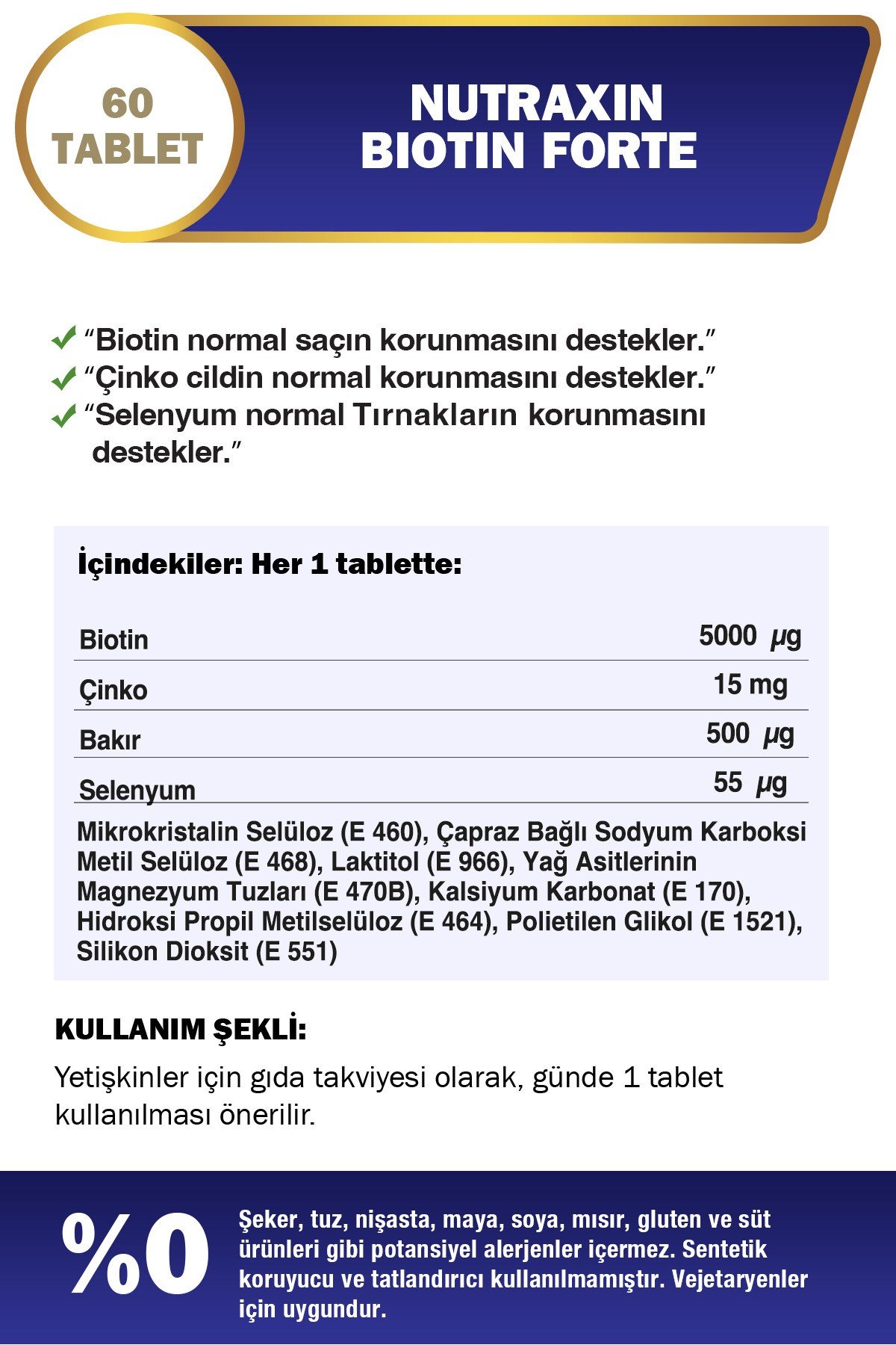 Biotin Forte 5.000 Mcg 60 Tbl - Biyotin, Çinko, Selenyum, Bakır