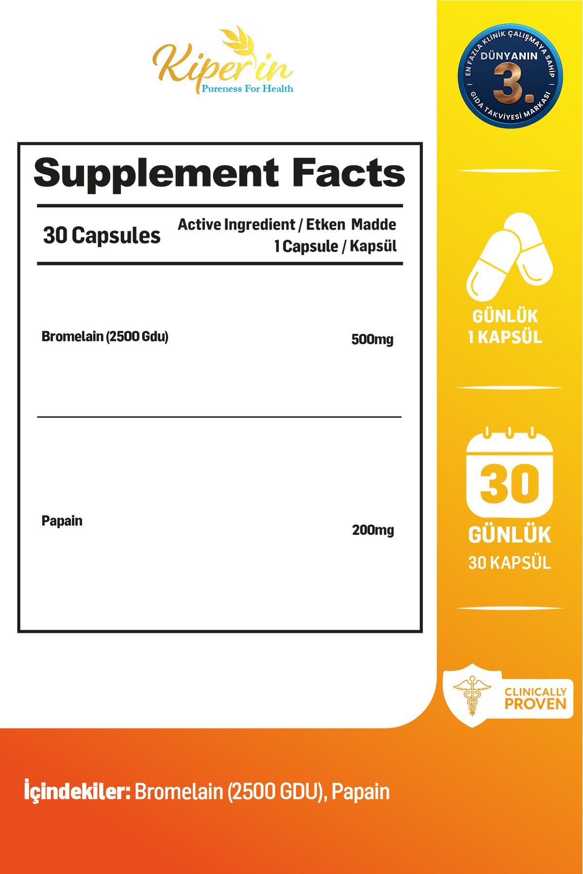 Bromelain(2500 GDU) & Papain - Doğal Proteolitik Enzim (30Kapsül & 700Mg)