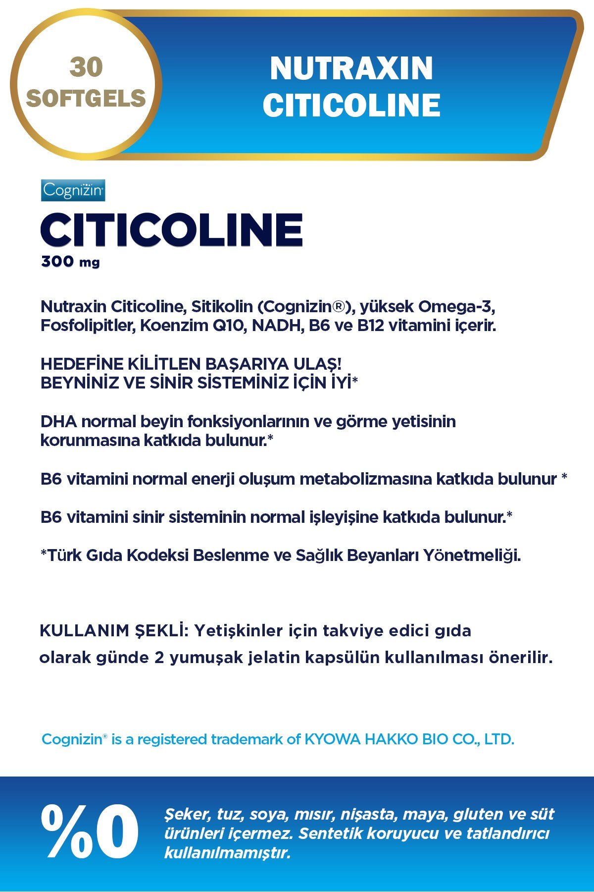 Citicoline 300 mg 30 Softgel – Omega 3, DHA, EPA, Koenzim Q10, B6 B12 İçeren Takviye Sitikolin