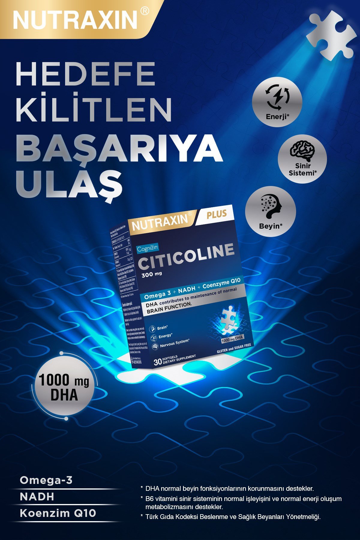 Citicoline 300 mg 30 Softgel – Omega 3, DHA, EPA, Koenzim Q10, B6 B12 İçeren Takviye Sitikolin