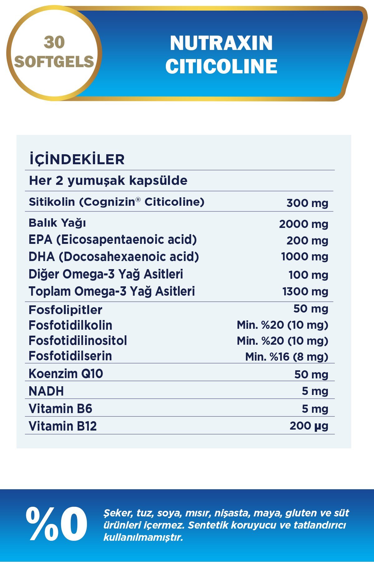 Citicoline 300 mg 30 Softgel – Omega 3, DHA, EPA, Koenzim Q10, B6 B12 İçeren Takviye Sitikolin