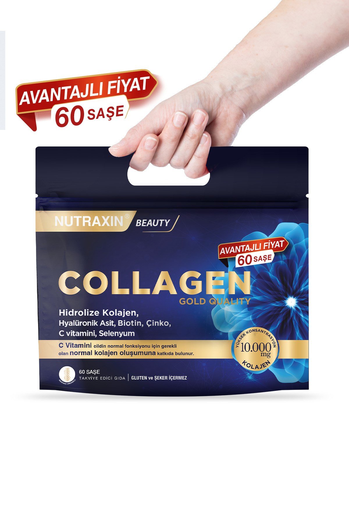 Collagen 60 Saşe 10.000 Mg Tip 1 Tip 3 Ananas Aromalı Avantajlı Çanta Set 60 Günlük Kullanım