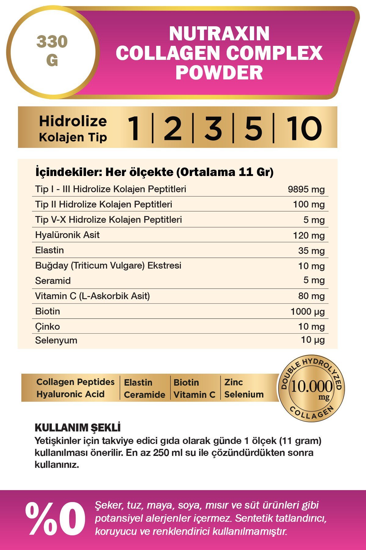 Collagen Complex Powder 330 gr - Tip 1,2,3,5,10 Kolajen, Hyalüronik Asit, Selenyum, Seramid