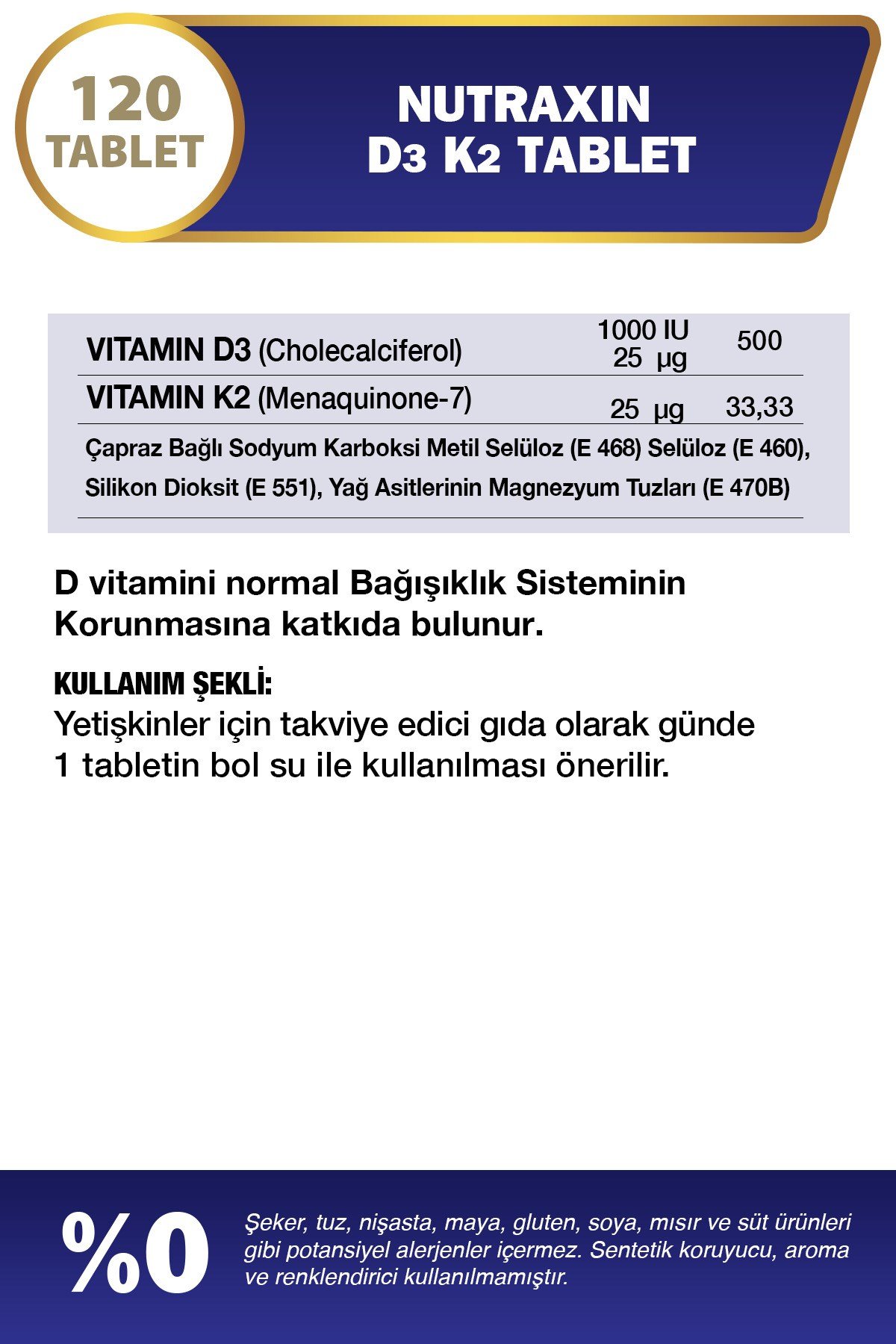 D3K2 120 Tablet – 1000 IU D3 + 25 mcg K2 Vitamini İçeren Takviye