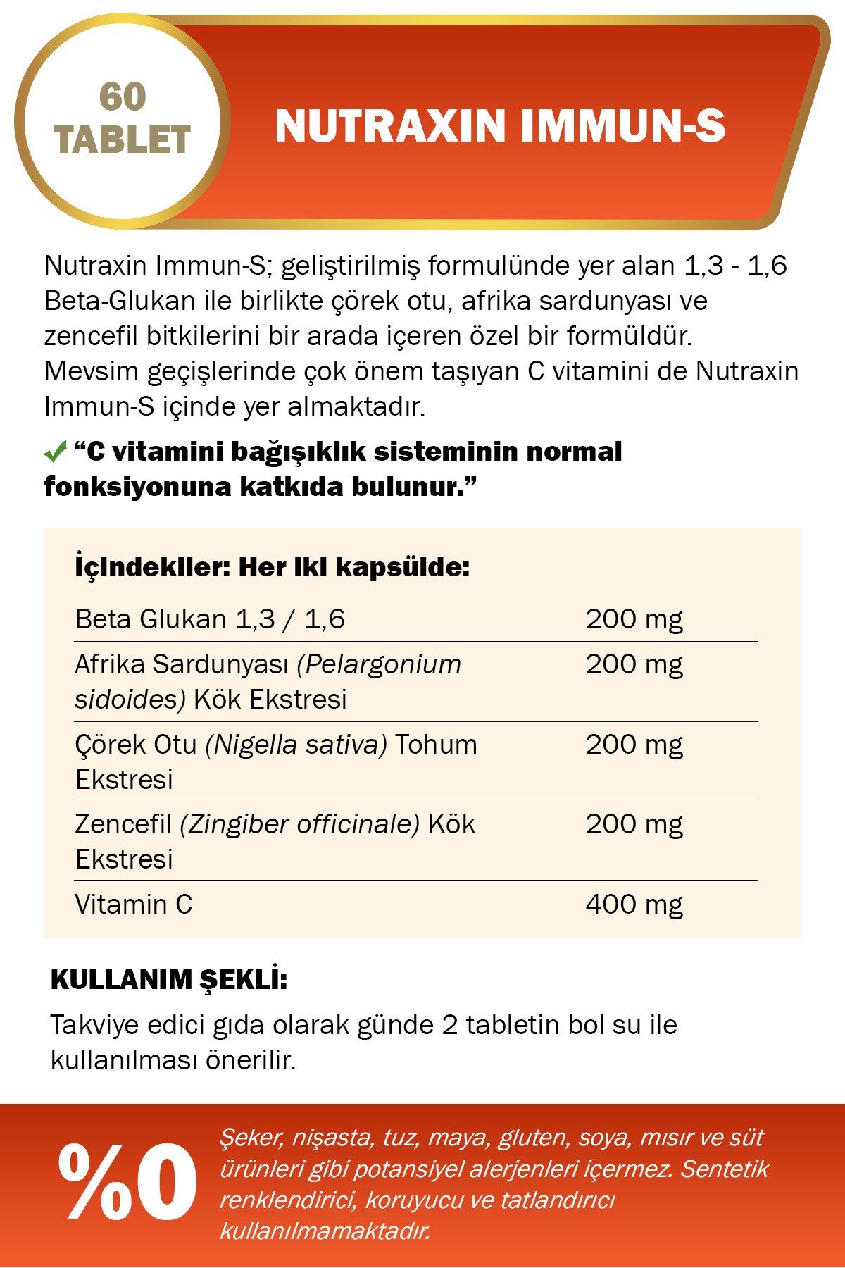 Immun-S 60 Tablet | Beta-Glukan + Afrika Sardunyası + Çörek Otu + Zencefil + C Vitamini