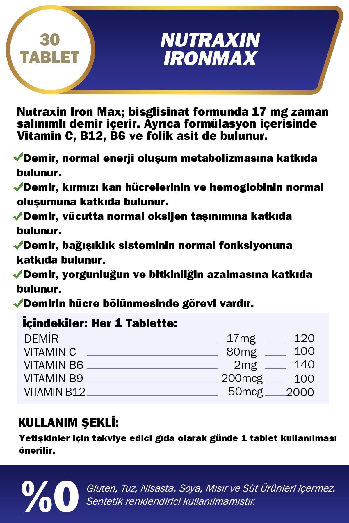 Iron Max 17 Mg 30 Tablet - Gentle Iron, Vitamin C, B12, B6, Folik Asit
